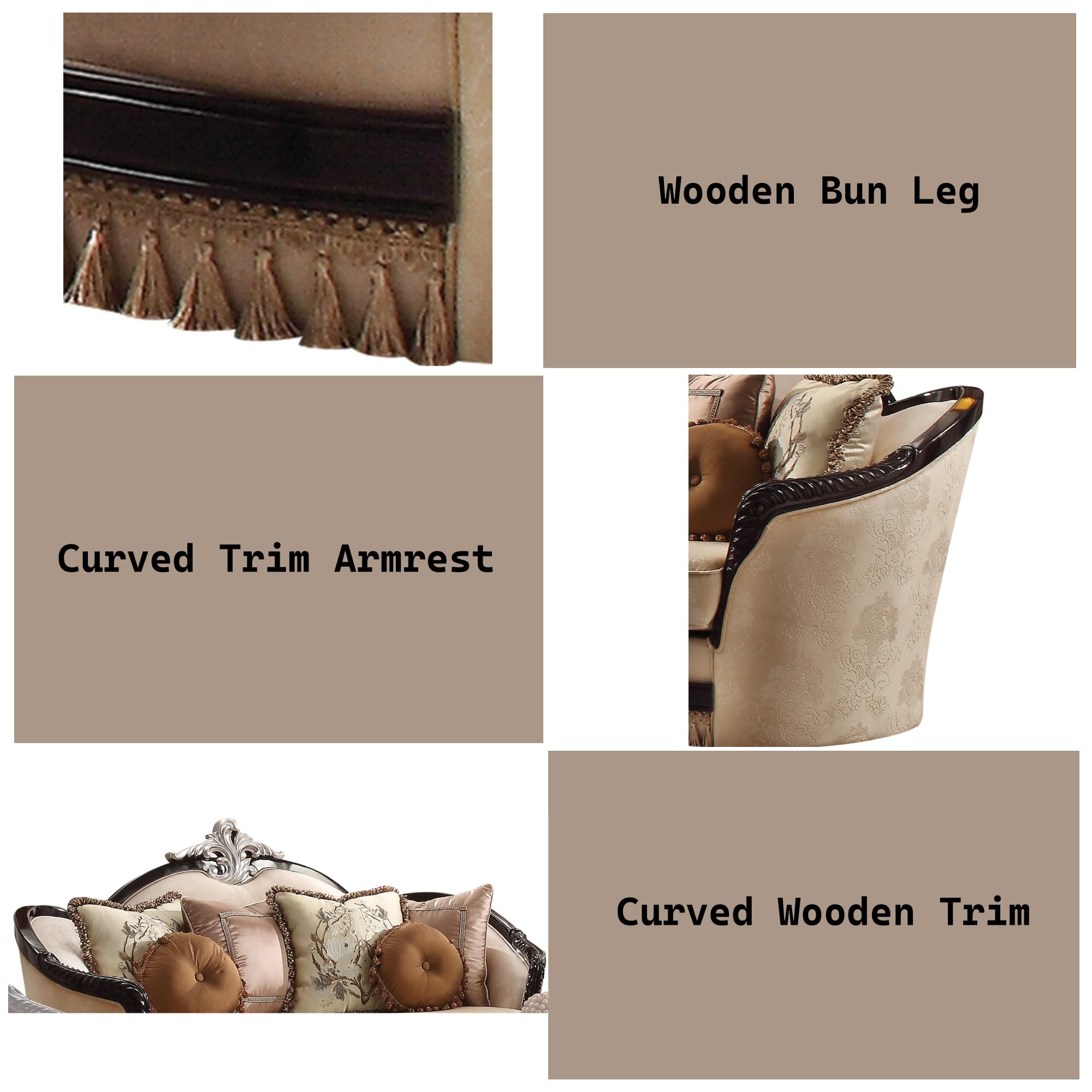 Acme Ernestine Loveseat (with 6 Pillows) in Tan Fabric & Black