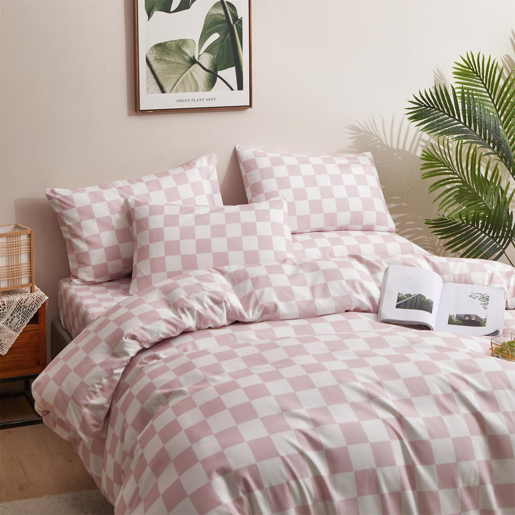 Clothknow Pink Grid Queen Comforter Set 3Pcs Blush White Bedding Comforter Sets Plaid Comforter Queen Pink Checked Queen Size Comforter Sets
