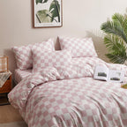 Clothknow Pink Grid Queen Comforter Set 3Pcs Blush White Bedding Comforter Sets Plaid Comforter Queen Pink Checked Queen Size Comforter Sets