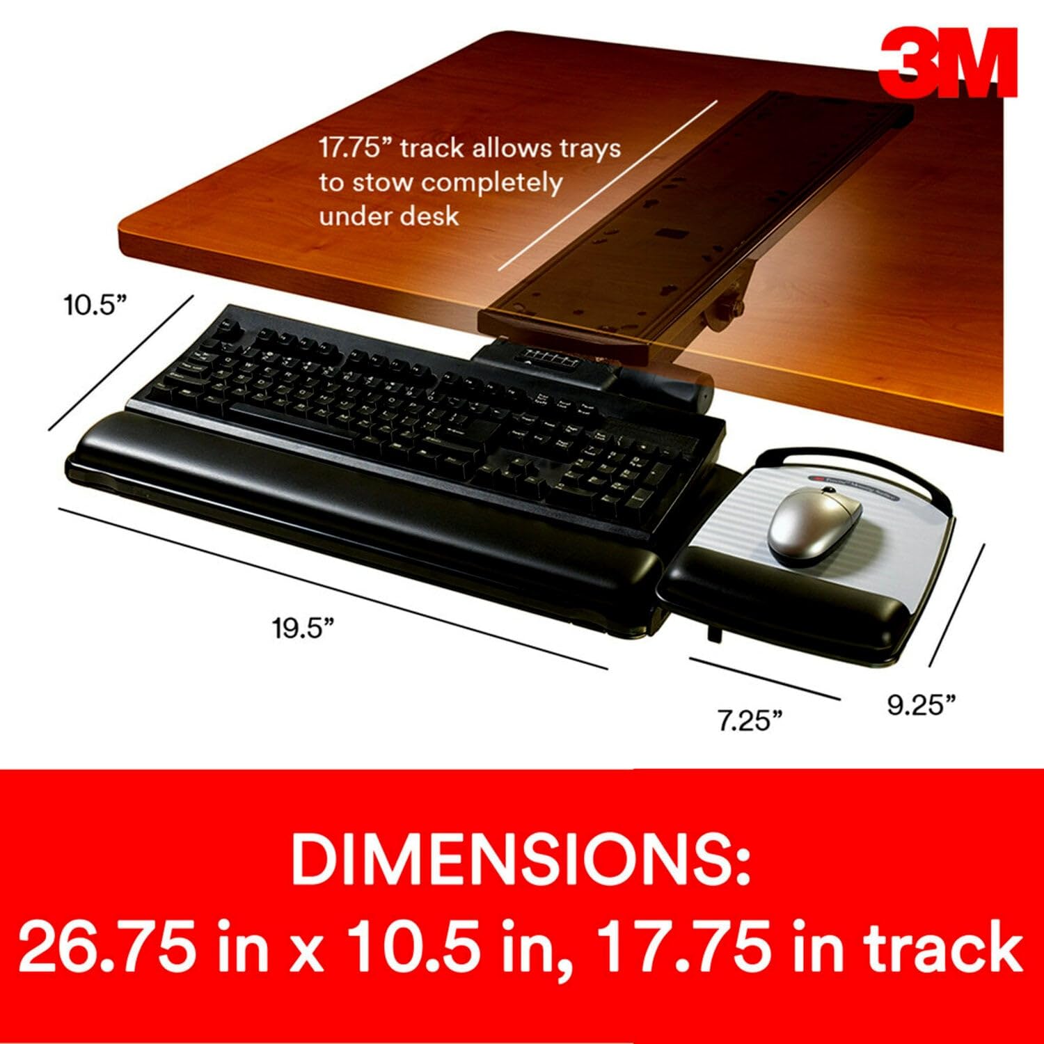 3M Keyboard Tray with Adjustable Keyboard and Mouse Platforms, Turn Knob to Adjust Height and Tilt, Swivels and Stores Under Desk, Gel Wrist Rest and Precise Mouse Pad, 17.75&quot; Track, Black (AKT80LE)