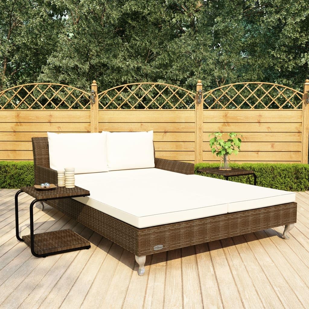 Great-hyc 2-Person Garden Sun Bed with Cushions Poly Rattan Brown