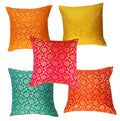 Pink Parrot Flower Embroidered Square Polyester Blend Cushion Cover (Multicolour, 16X16Inch)  Set Of 5