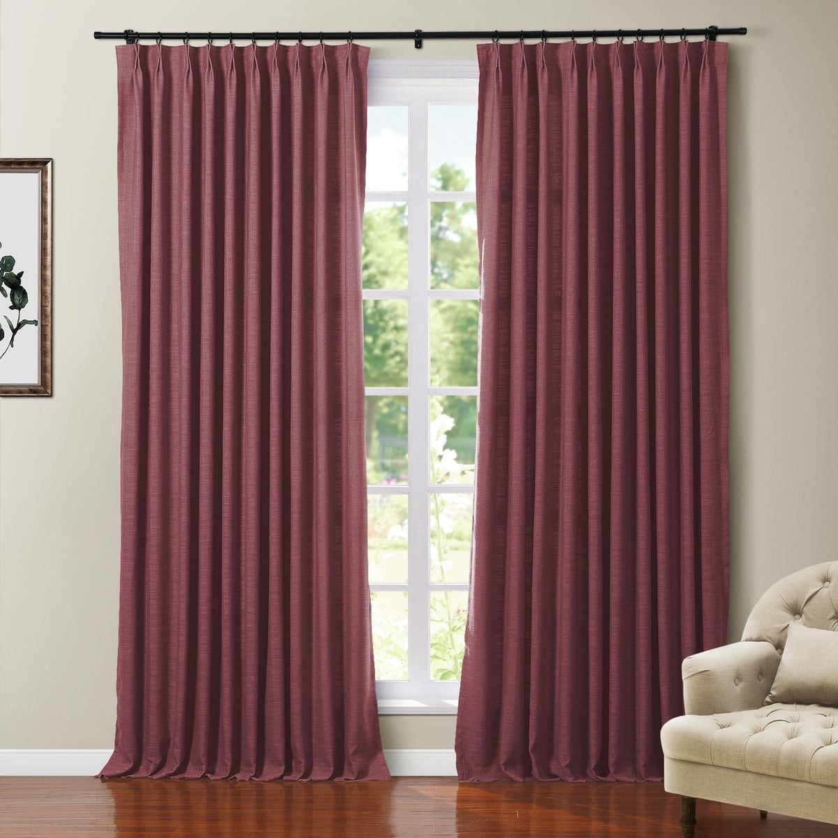 Twopages Polyester Linen Heavy Weight Blackout Curtain With Pinch Pleat And Back Tab Top Window Treatment Panel For Bedroom Burg