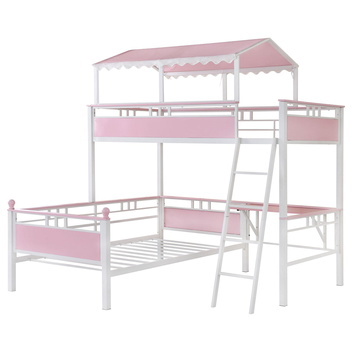 Coaster Home Furnishings Alexia Contemporary Metal Twin Over Twin Size Workstation Bunk Bed Frame with Ladder and Guardrails Fully Slatted Mattress Ready Foundation Pink 400119