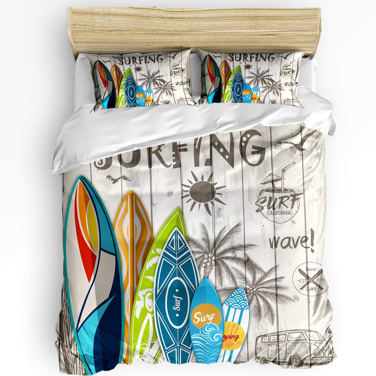 Wanxinfu 3 Piece Duvet Cover Set Queen Size For Adults, Boys, Girls, Kids, Lightweight And Soft Bedding, Summer Surfboard On The