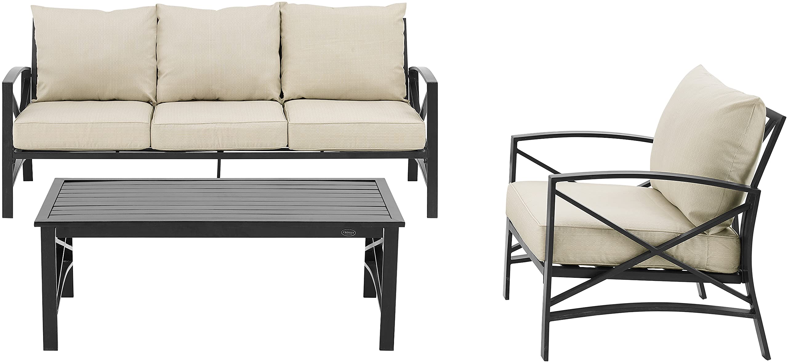 Crosley Furniture Kaplan 3-Piece Outdoor Sofa Patio Furniture Set, Conversation Sets For Porch, Deck, Oiled Bronze With Oatmeal Cushions