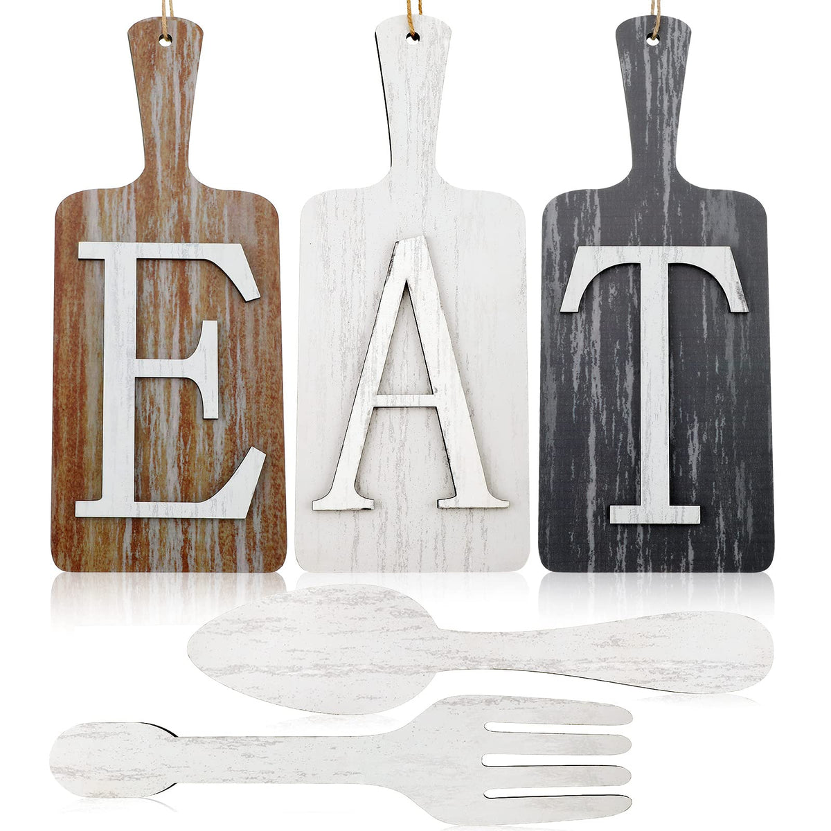 5 Pieces 15 x 6 Inch Cutting Board Eat Sign Set Fork and Spoon Wall Decor Hanging Wood Eat Signs Kitchen Decor Rustic Primitive 