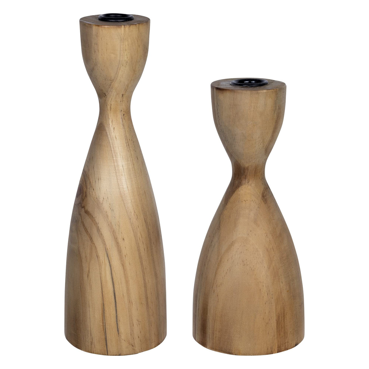 HomeRoots Natural Wood 100% Wood Set of Two Light Brown Wooden Candle Holders