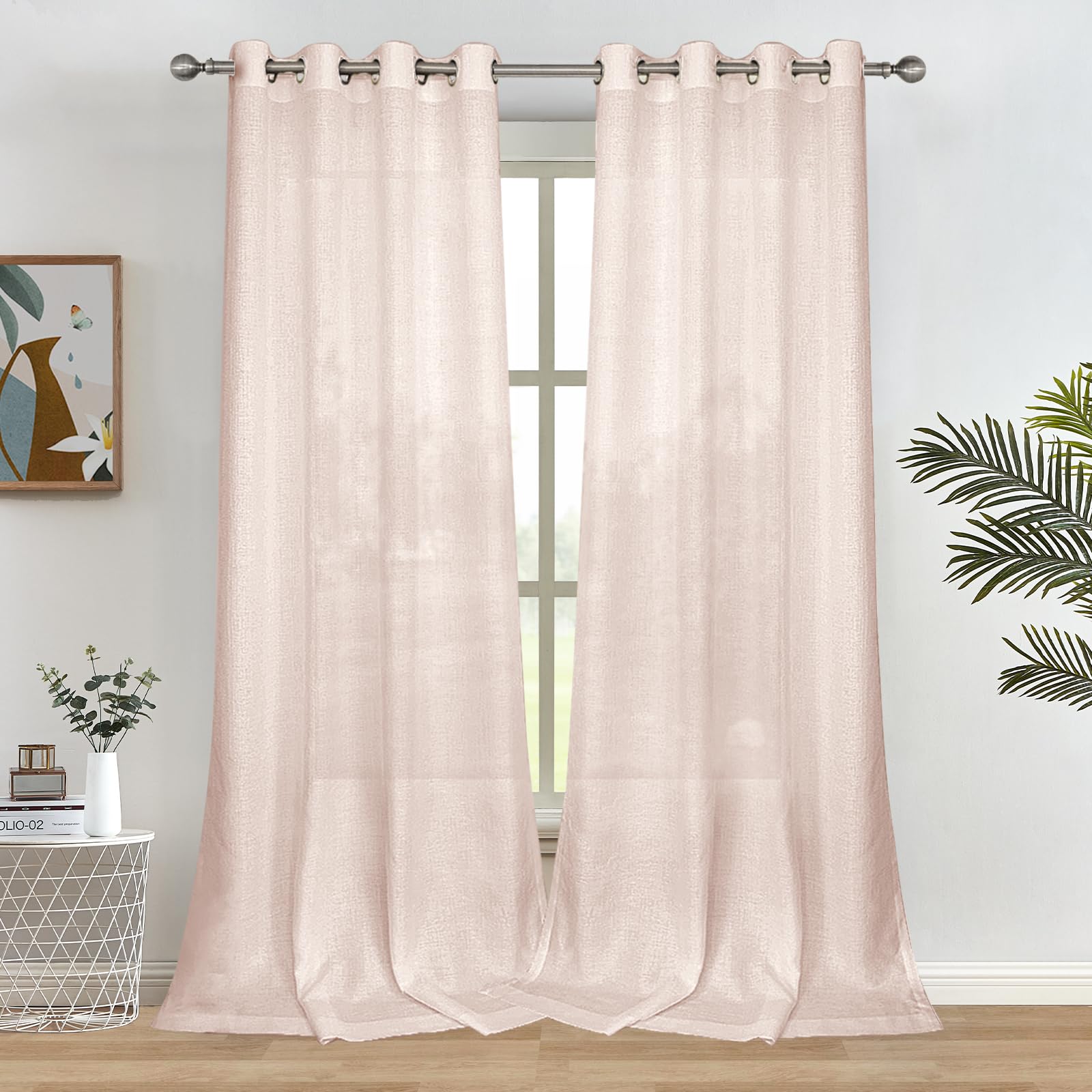 Melodieux Light Pink Semi Sheer Curtains 63 Inch Length For Living Room, Linen Rustic Bedroom Privacy Window Grommet Sheer Drape