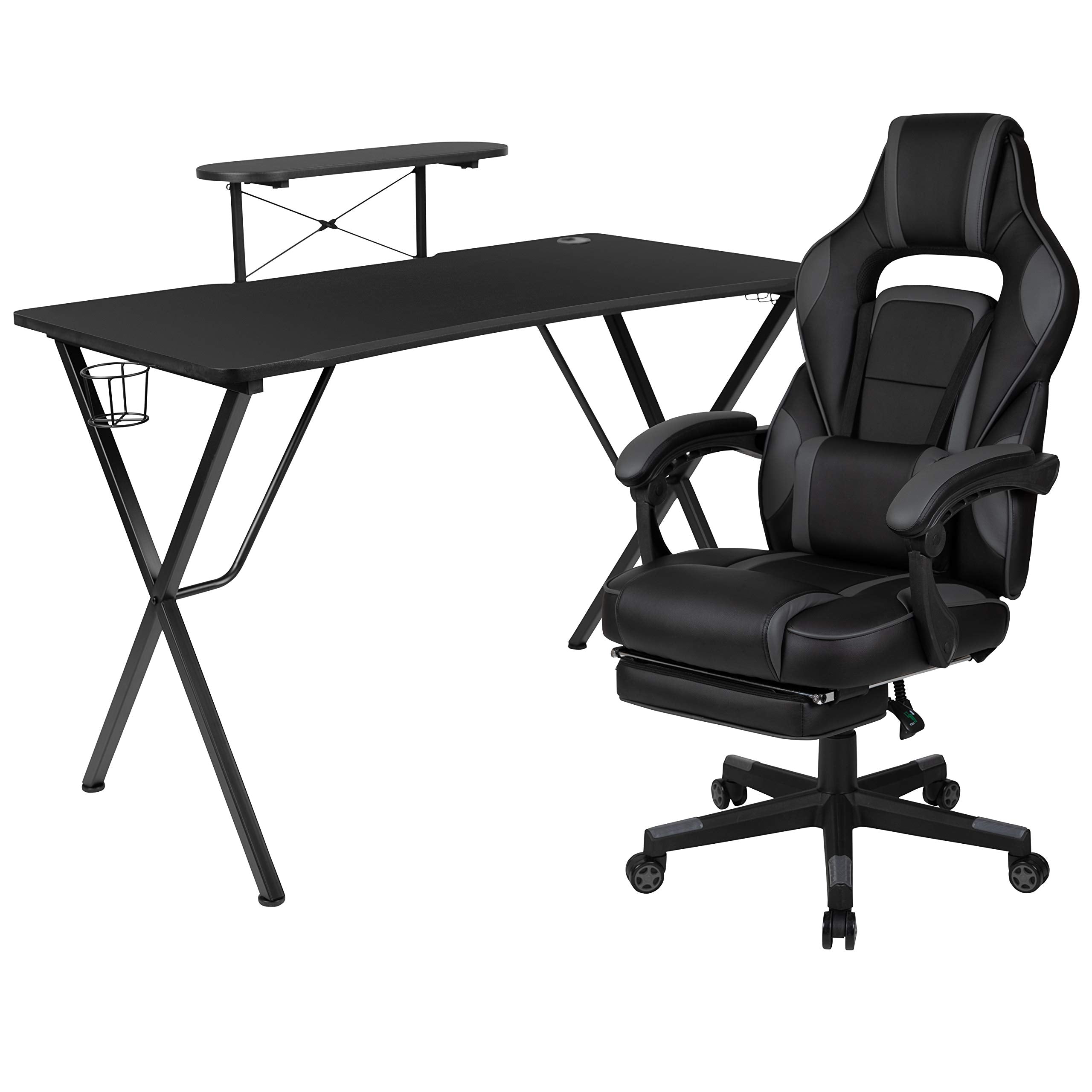 Flash Furniture Optis Black Gaming Desk With Cup Holder/Headphone Hook/Monitor Stand & Black Reclining Back/Arms Gaming Chair With Footrest