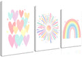 Framed Girls Rainbow Canvas Wall Art Set of 3, Colorful Boho Sun Nursery Wall Decor Painting, Kids Heart Picture Posters Prints 
