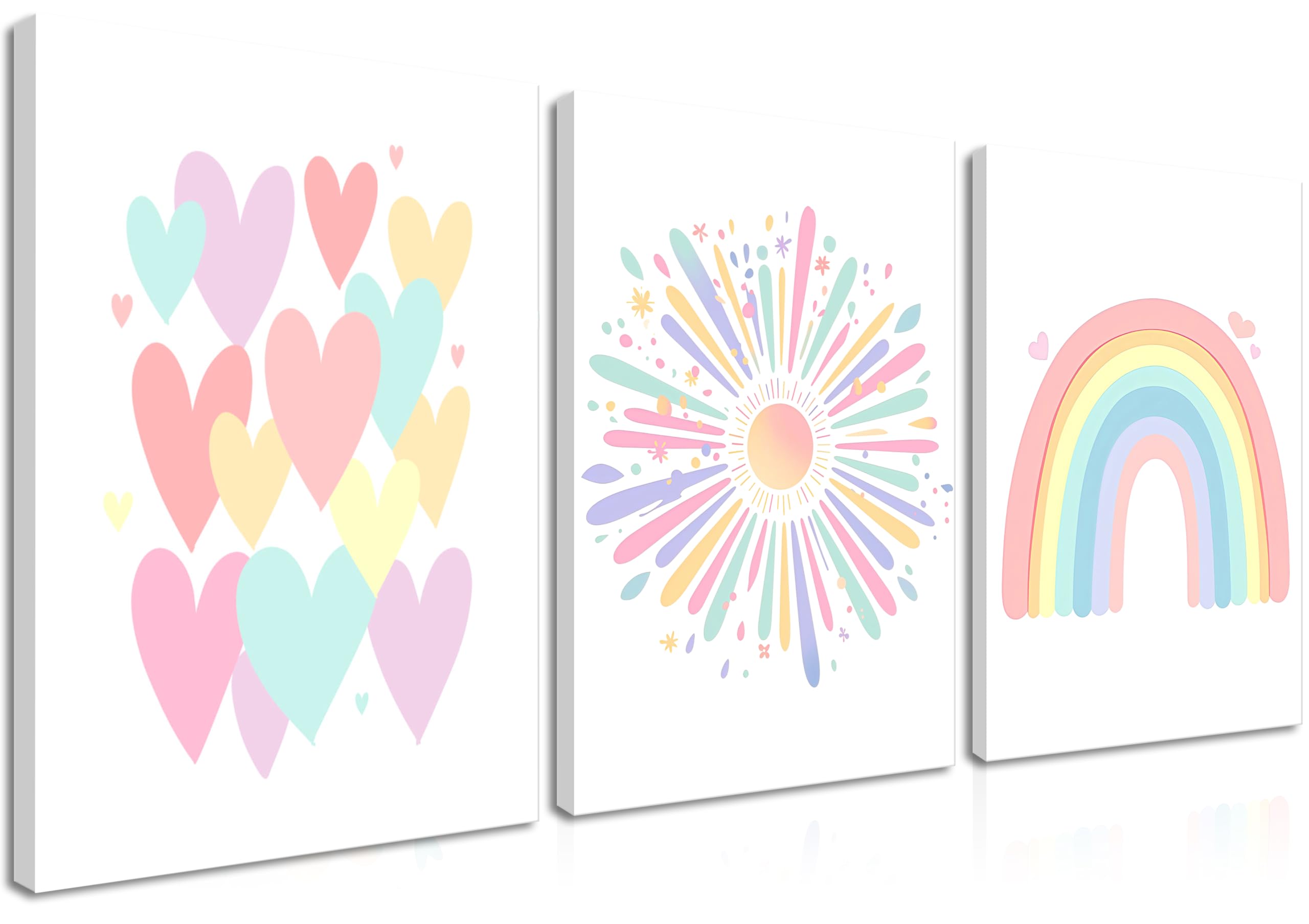 Framed Girls Rainbow Canvas Wall Art Set of 3, Colorful Boho Sun Nursery Wall Decor Painting, Kids Heart Picture Posters Prints 