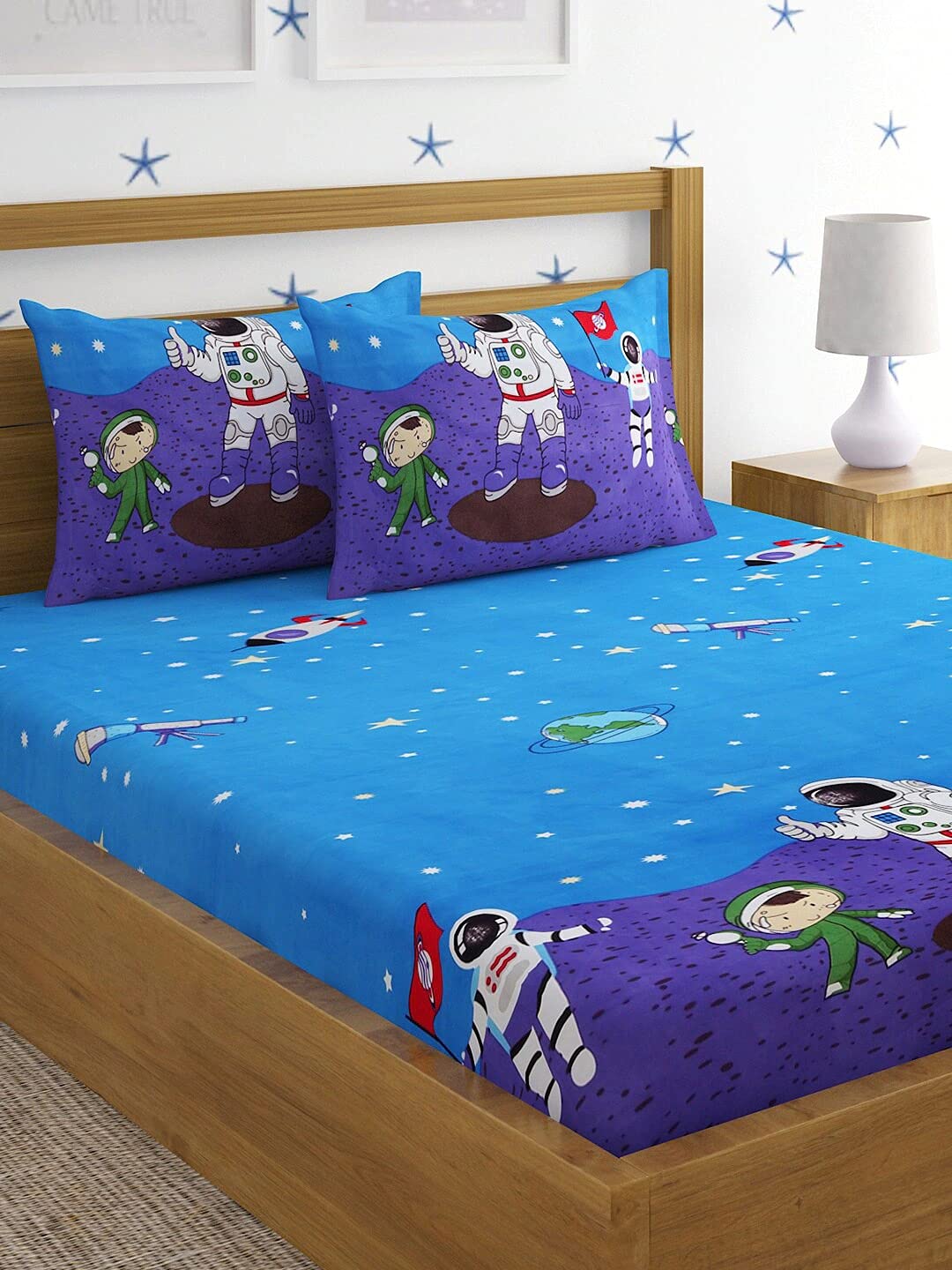Home Sizzler 144 Tc Microfibre KidS Space Double Bedsheet With 2 King Size Pillow Covers, Blue