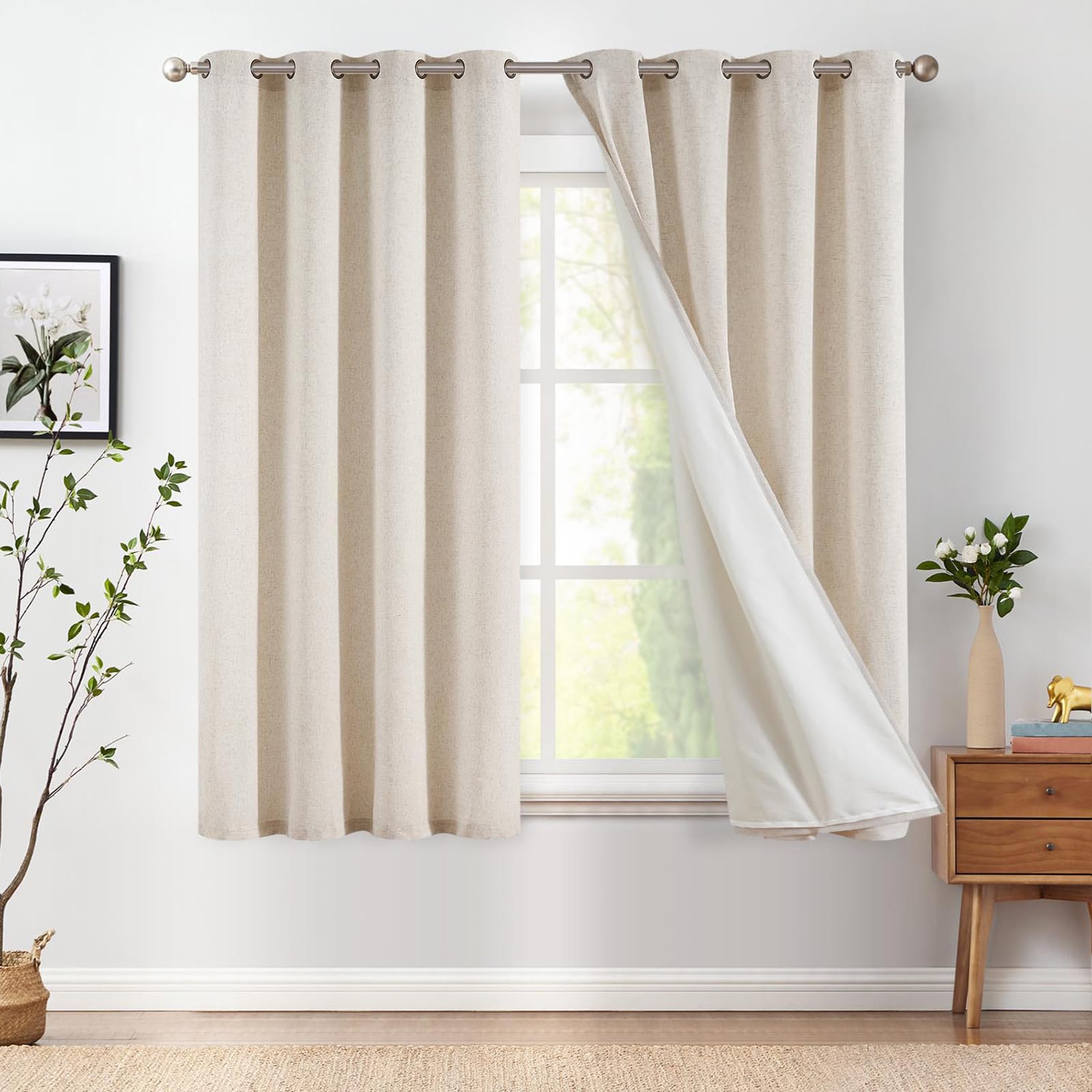 Jinchan Linen Beige Curtains 63 Inch Long For Living Room Bedroom Farmhouse Grommet Top Light Filtering Window Drapes Lined Curt
