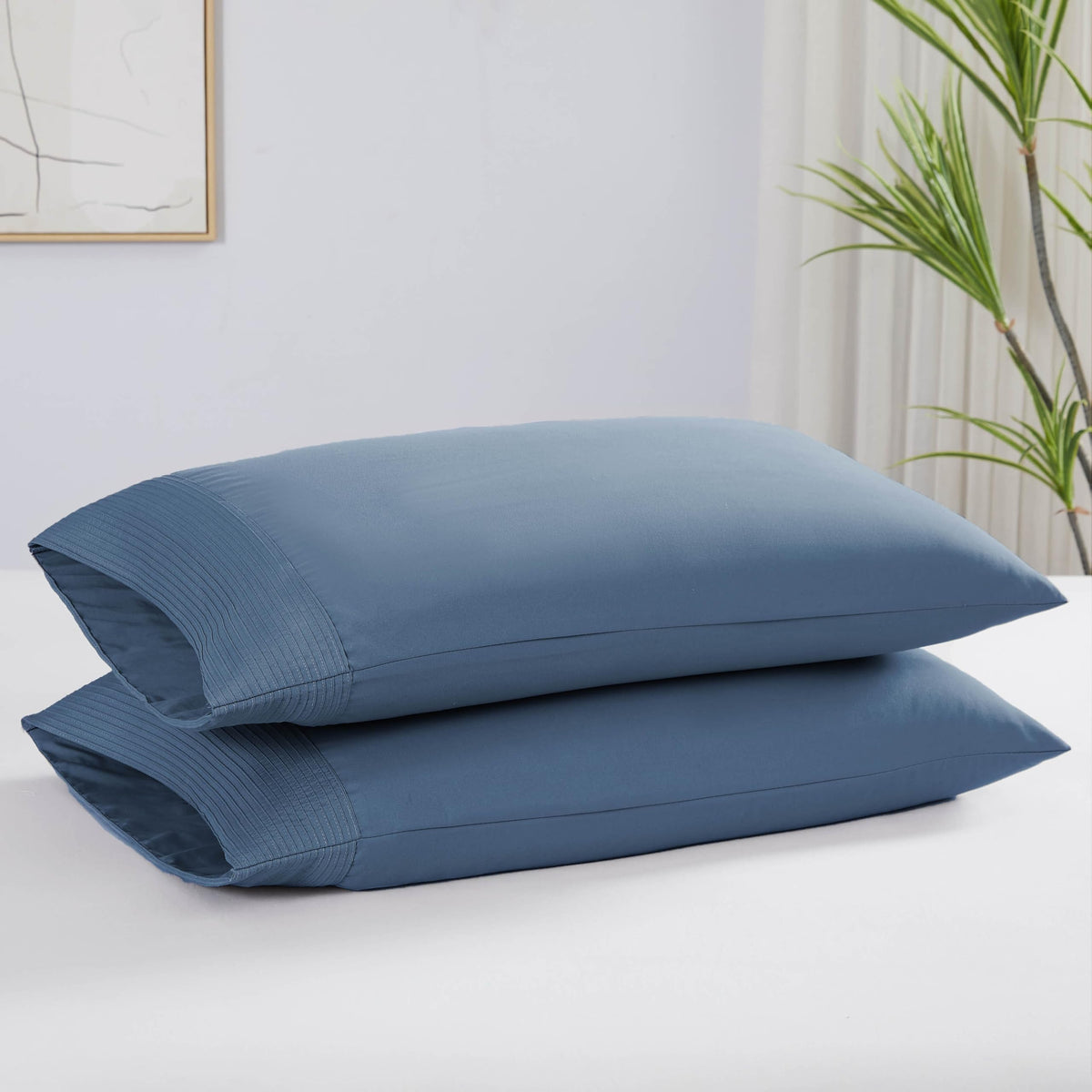 Southshore Fine Living, Inc. Pleated King Size Blue Pillow Cases Set Of 2, Luxurious Brushed Microfiber Pillowcases For King Pil