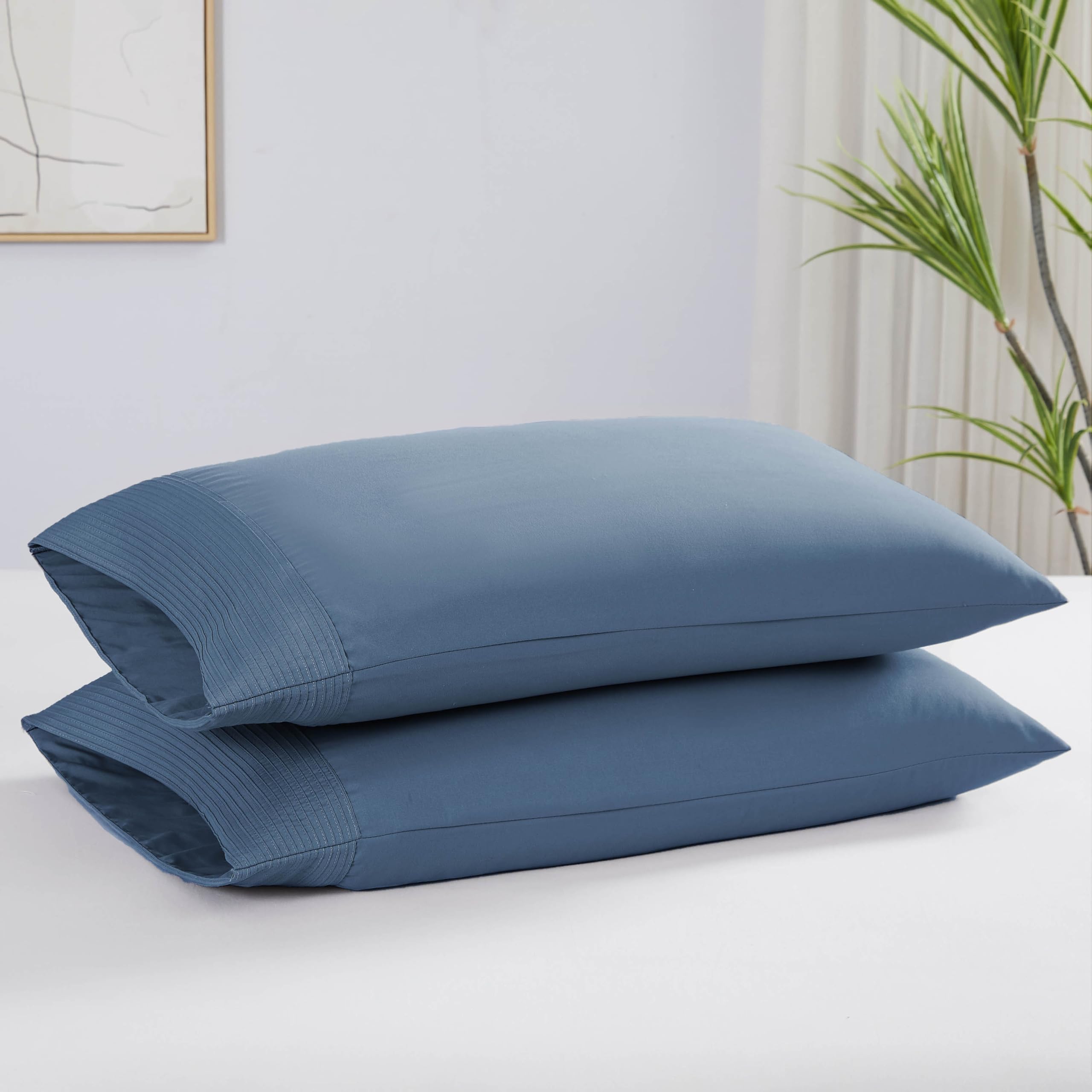 Southshore Fine Living, Inc. Pleated King Size Blue Pillow Cases Set Of 2, Luxurious Brushed Microfiber Pillowcases For King Pil