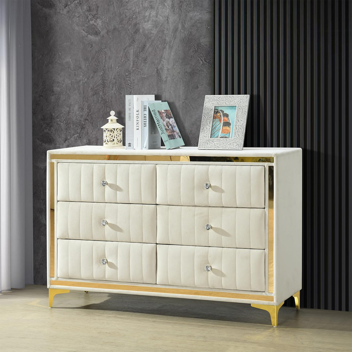 Better Home Products Velvet 6 Drawer Dresser With Gold Legs And Trim ? Fully -Assembled And Ready To Use (No Mirror, Cream)