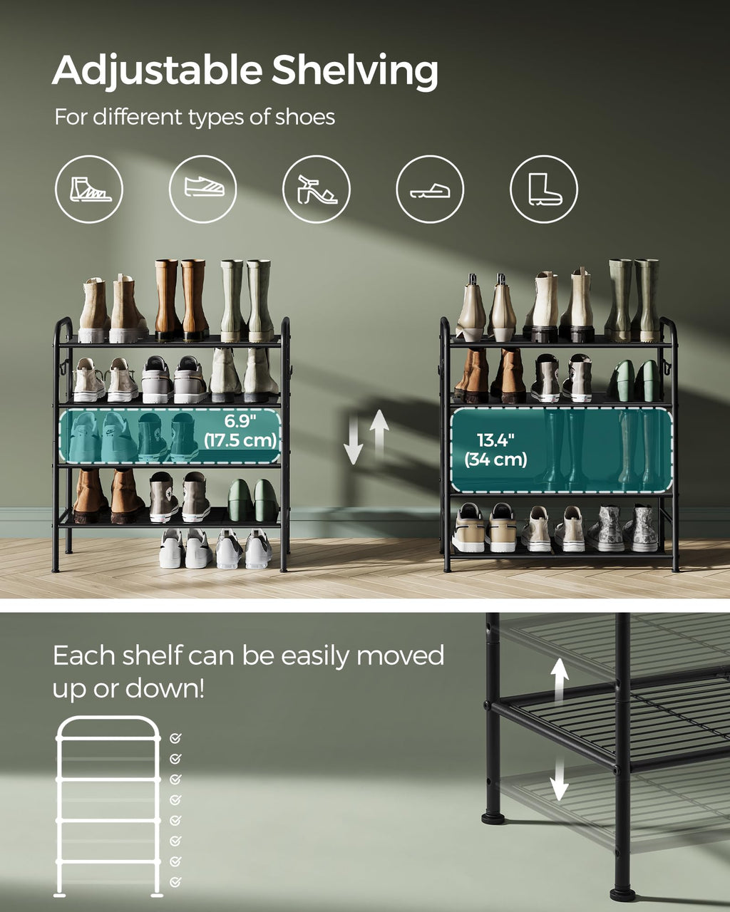 Songmics Shoe Rack, 4-Tier Shoe Organizer, Metal Shoe Shelf Storage With 4 Side Hooks, Holds 16 Pairs Of Shoes, Height-Adjustable Shoe Rack For Entryway, Hallway, Closet, Easy Assembly, Ink Black