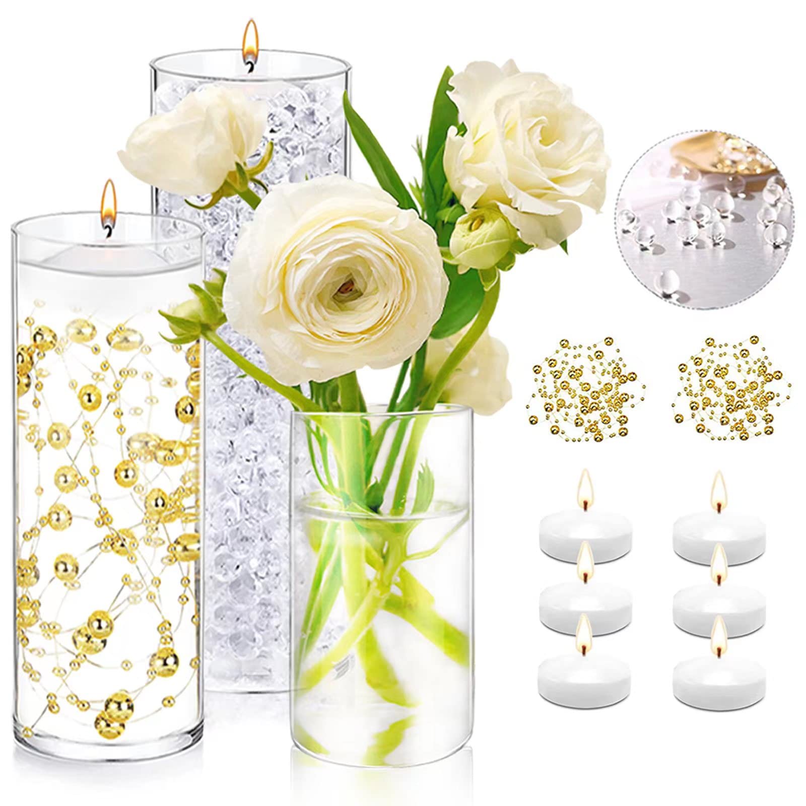 UDU 3 Set Glass Cylinder Vases for Centerpieces with 20000 Clear Water Vase Filler Gel Beads 6 White Floating Candles 2 Pearl St