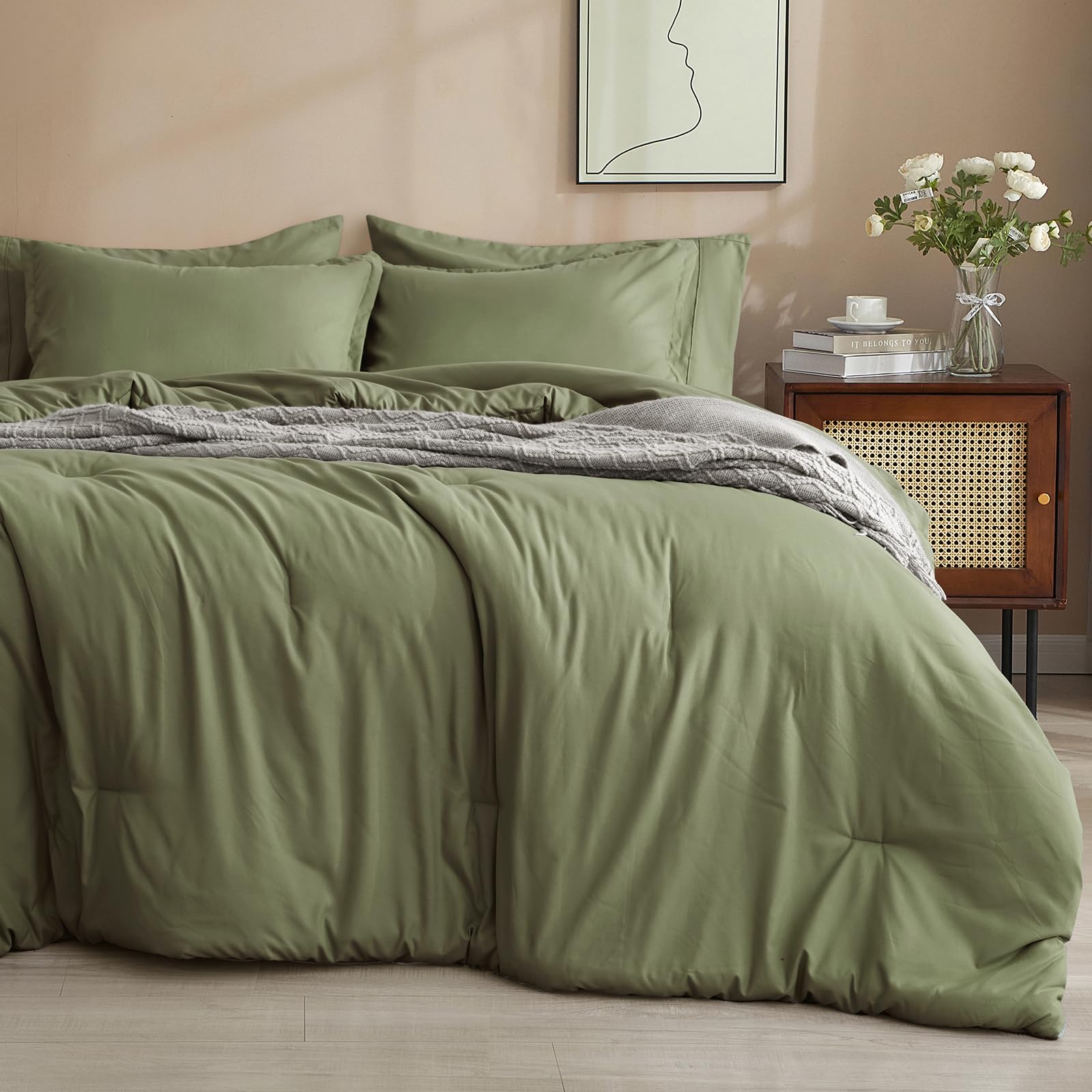 Phf 7 Pieces King Comforter Set, Bed In A Bag Comforter & 18' Sheet Set All Season, Ultra Soft Comfy Bedding Sets With Comforter, Sheets, Pillowcases & Shams, Olive Green