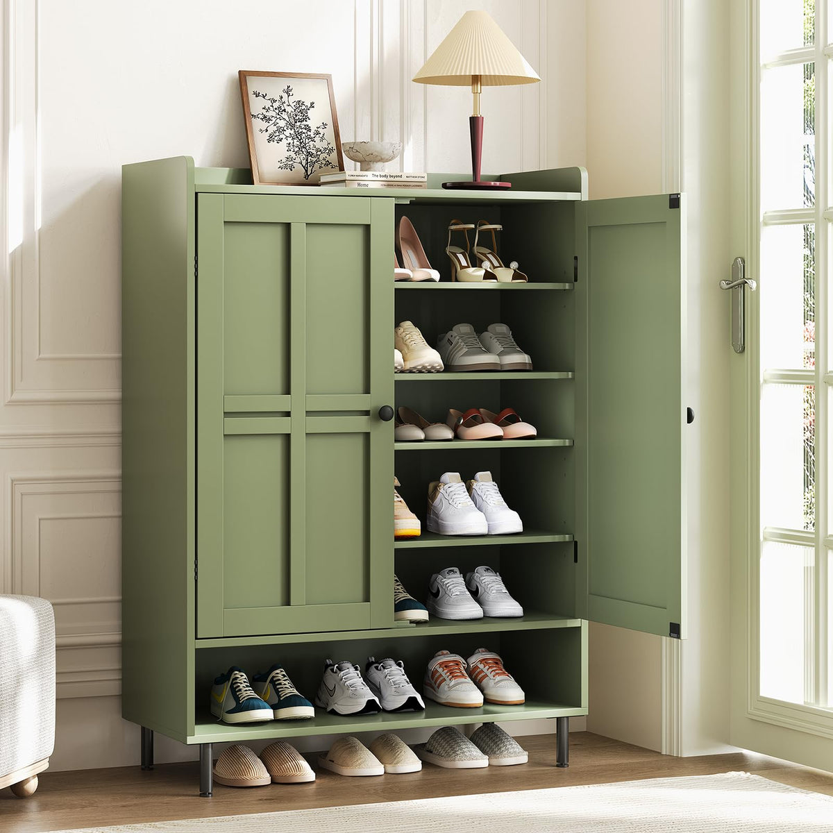 ComfyCorner Shoe Cabinet with Cross Molding Doors, 6Tier Storage, Green