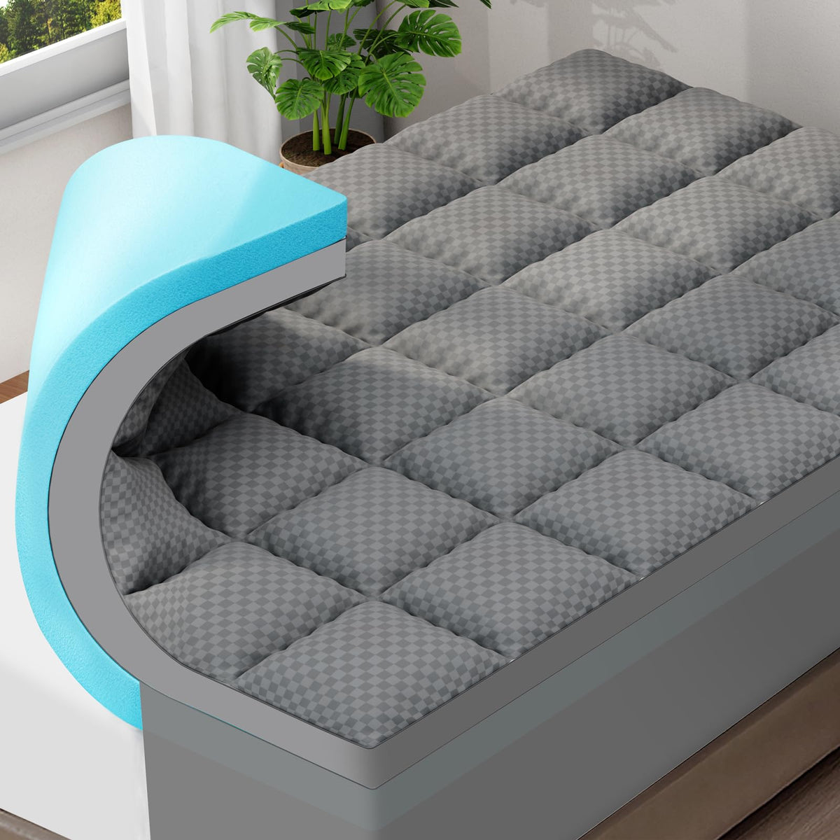 Olanly Dual-Layer 4 Inch King Size Memory Foam Mattress Topper For Back Pain, 2 Inch Cooling Pillow Top Mattress Pad Cover And 2