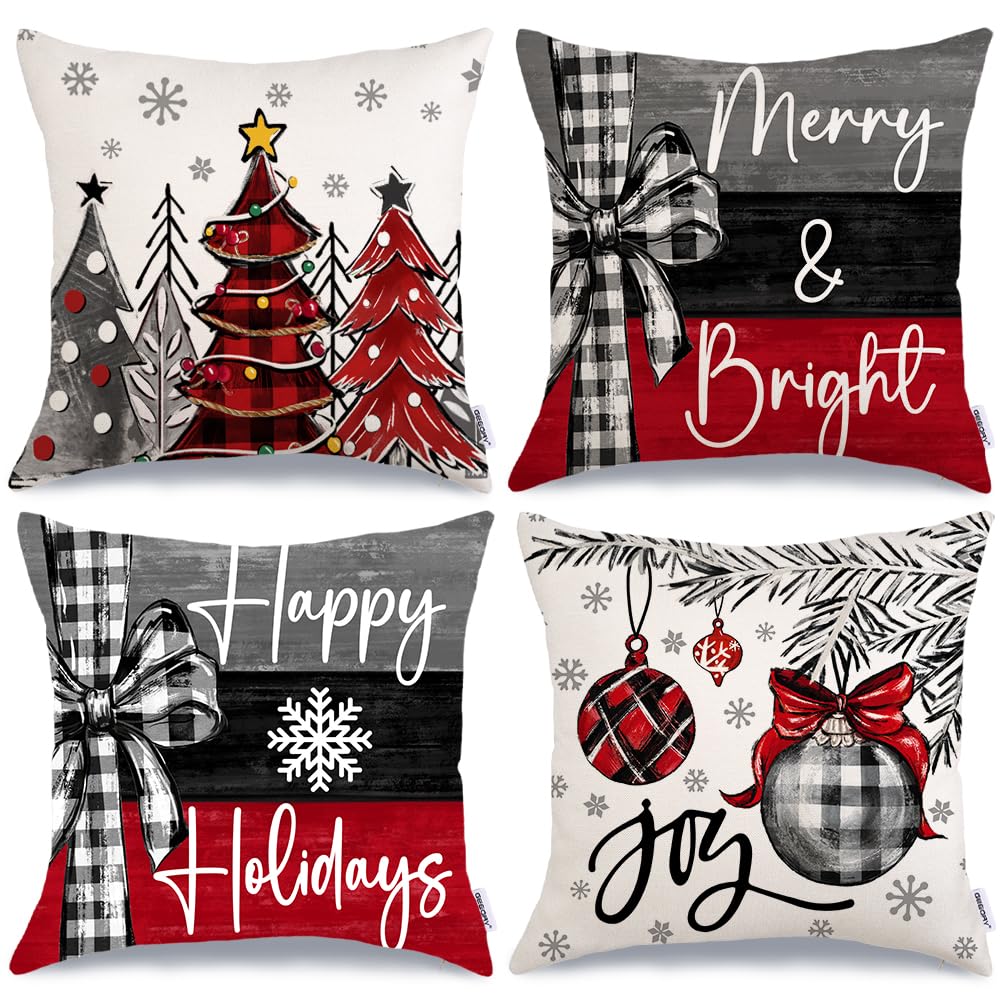 Geeory Christmas Throw Pillow Covers 20X20 Inch Set Of 4, Xmas Trees Merry And Bright Happy Holidays Farmhouse Decorative Cushio
