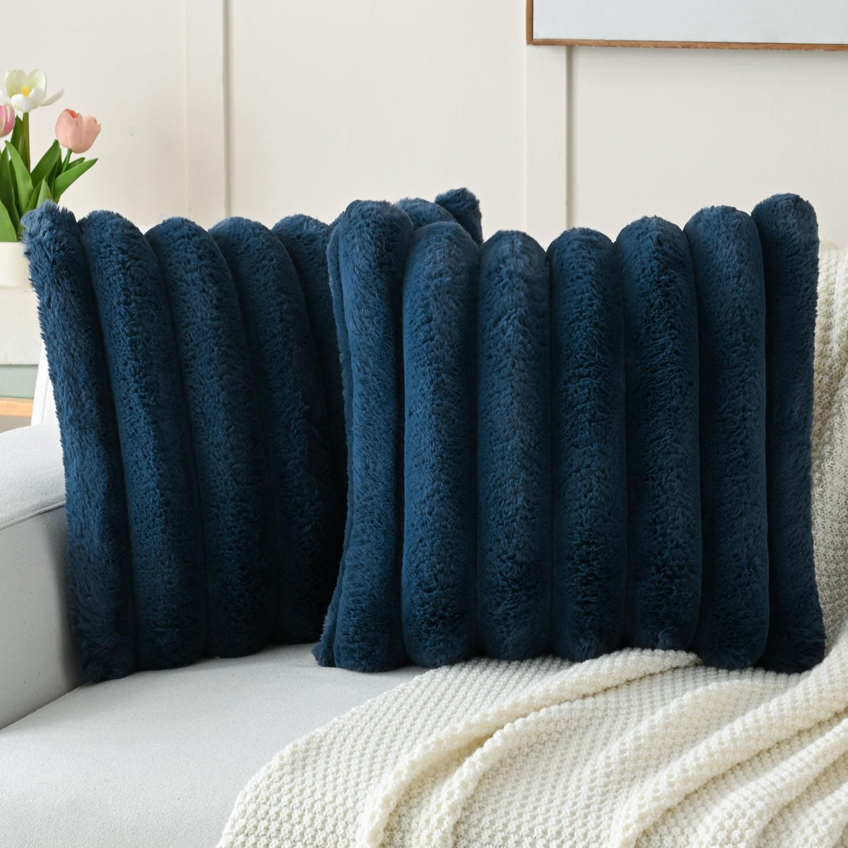 Futei Navy Blue Decorative Throw Pillow Covers 24X24 Inch Set Of 2, Square Soft Faux Rabbit Fur Big Striped Pillow Sham,Home Dec