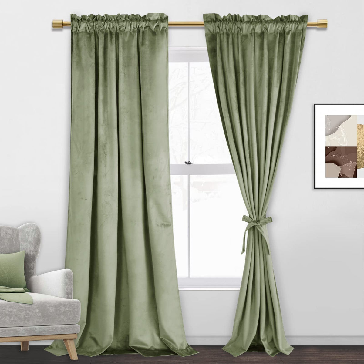 Jiuzhen Velvet Curtains 96 Inches - Sage Green Room Darkening Privacy Rod Pocket Window Curtains For Bedroom/Living Room/Patio D