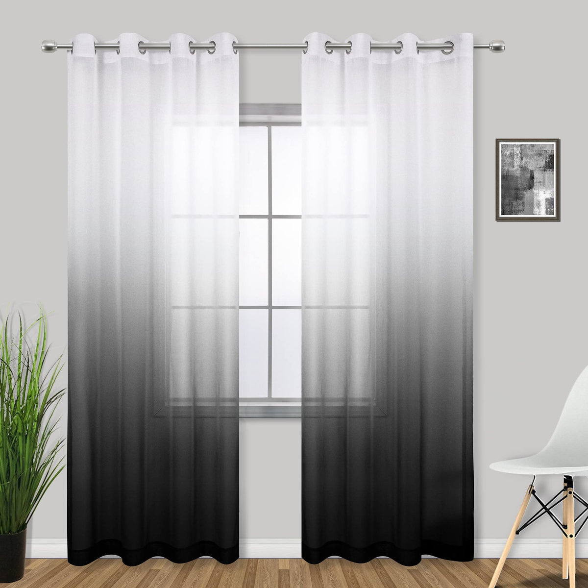 Koufall Black Curtains For Living Room Bedroom 84 Inches Long,Sheer Ombre Pattern Dining Room Curtains 84 Inch Length 2 Panel Se