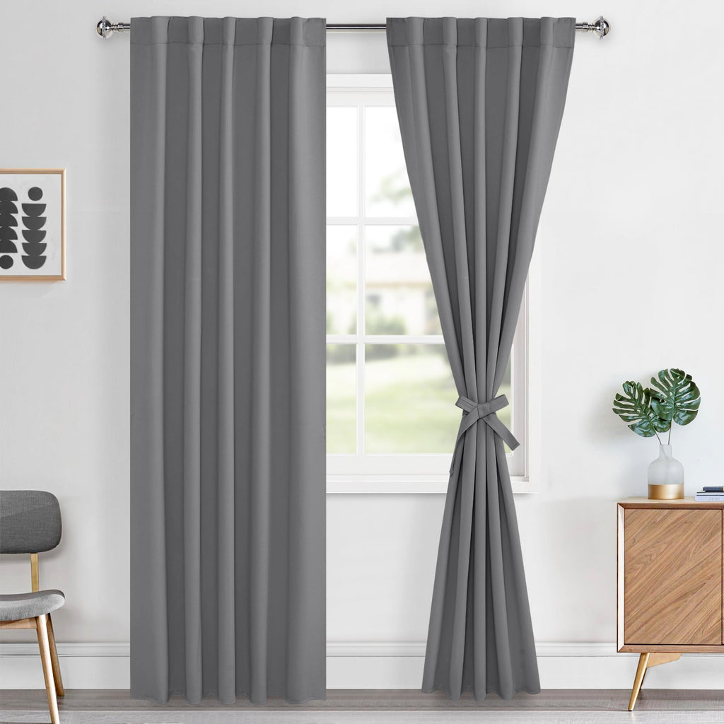 Hiasan Grey Blackout Curtains 84 inches Long 2 Panels, Thermal Insulated Gray Window Treatment Sewn with Tiebacks, Back Tab & Ro