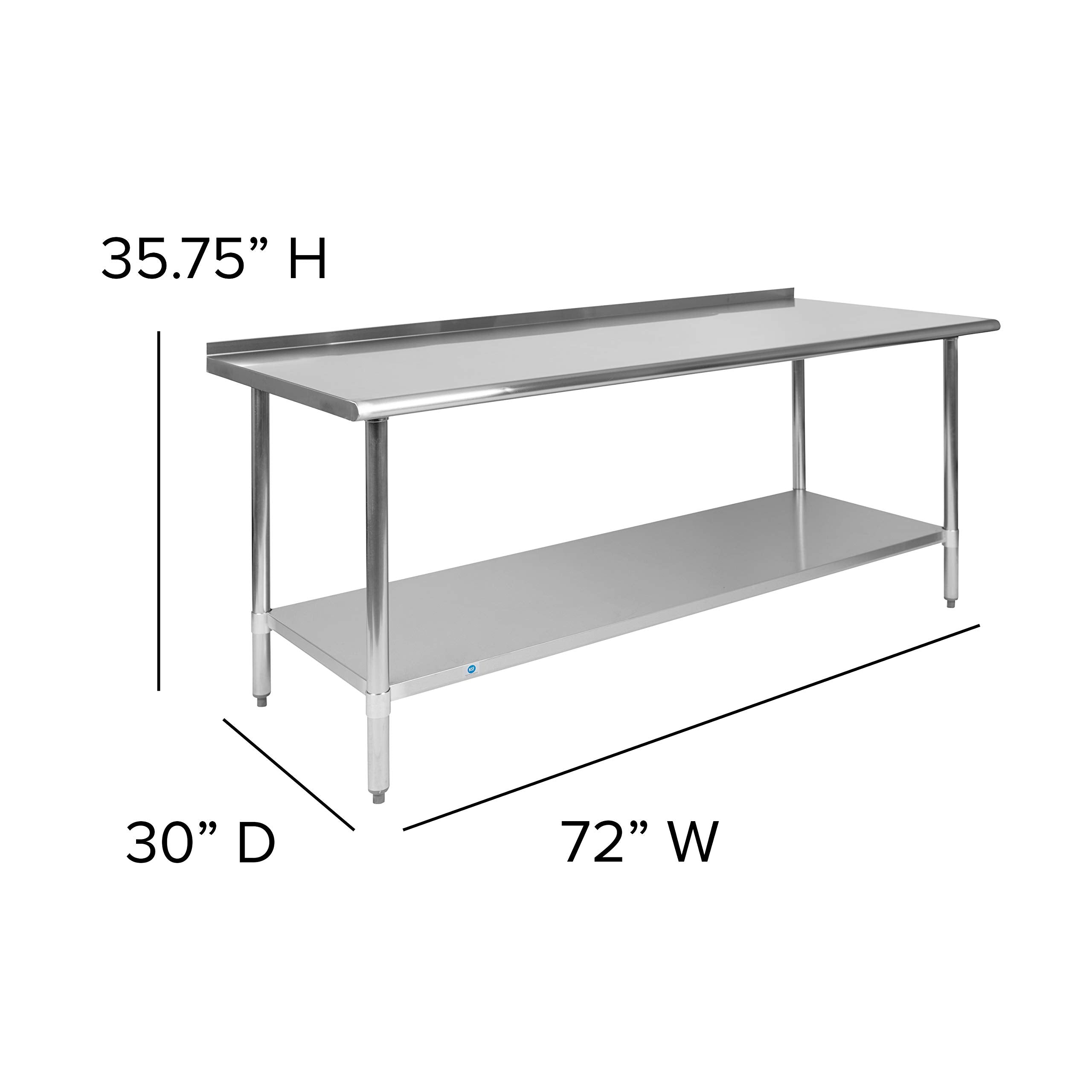 Flash Furniture Reader Stainless Steel Kitchen Prep/Work Table, Commercial Work Table With Backsplash And Undershelf, 72' W X 30' D X 36' H, Silver