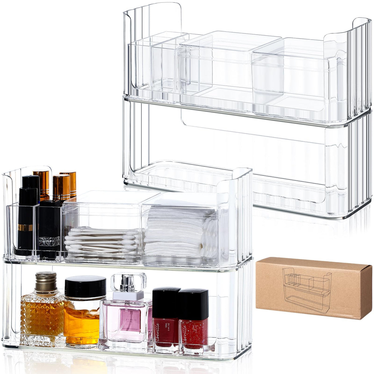 CroBlissful 4Tier Makeup Organizer with Clear Tray, Lip Gloss Holders, Cotton Swab Holders for Bathroom Cabinet, Wall Vanity