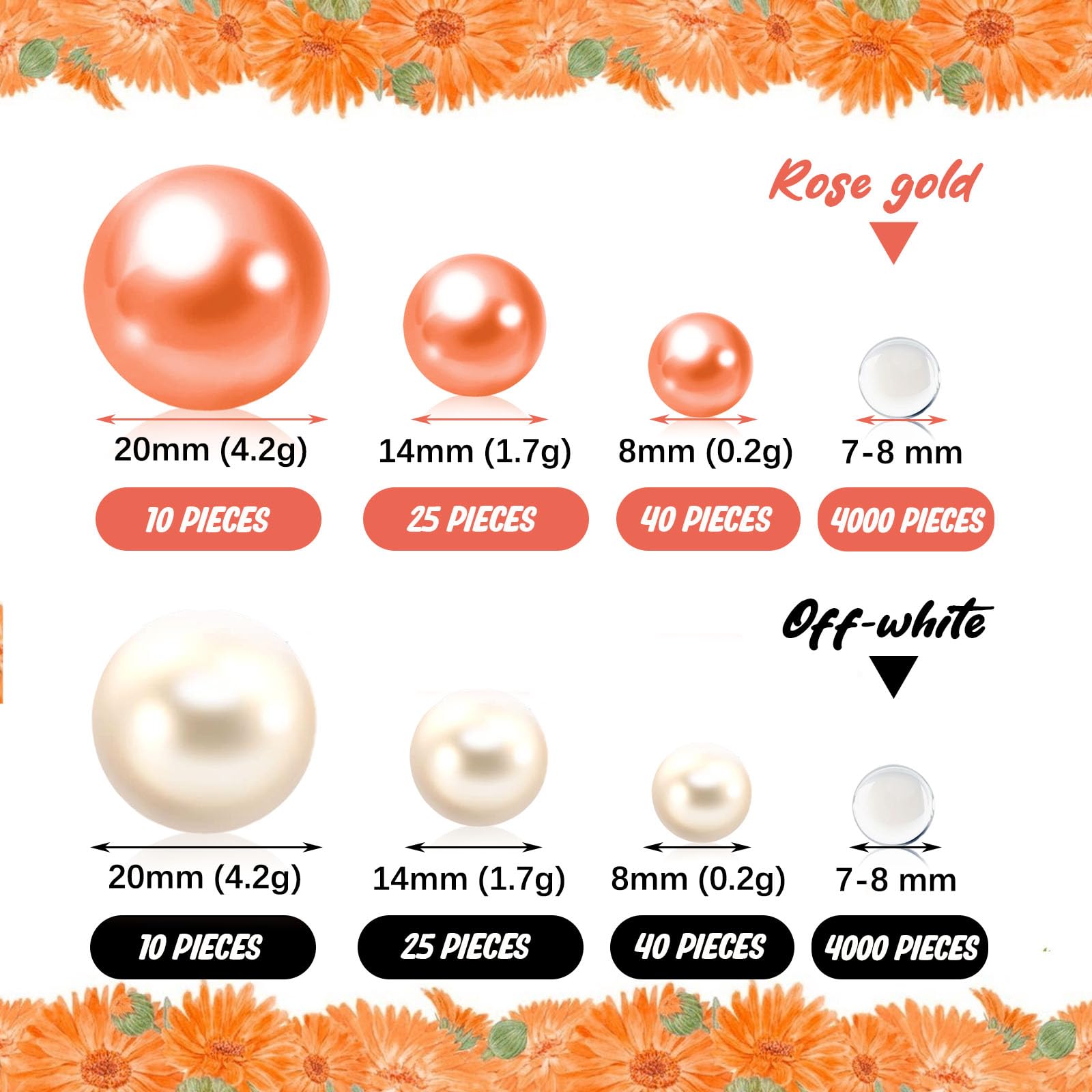 Rose Gold White Floating Pearls | 150Pcs Rose Gold White Pearls Bead For Centerpieces Vases, No Hole Beads | 8/14/20 Mm Rose Gol