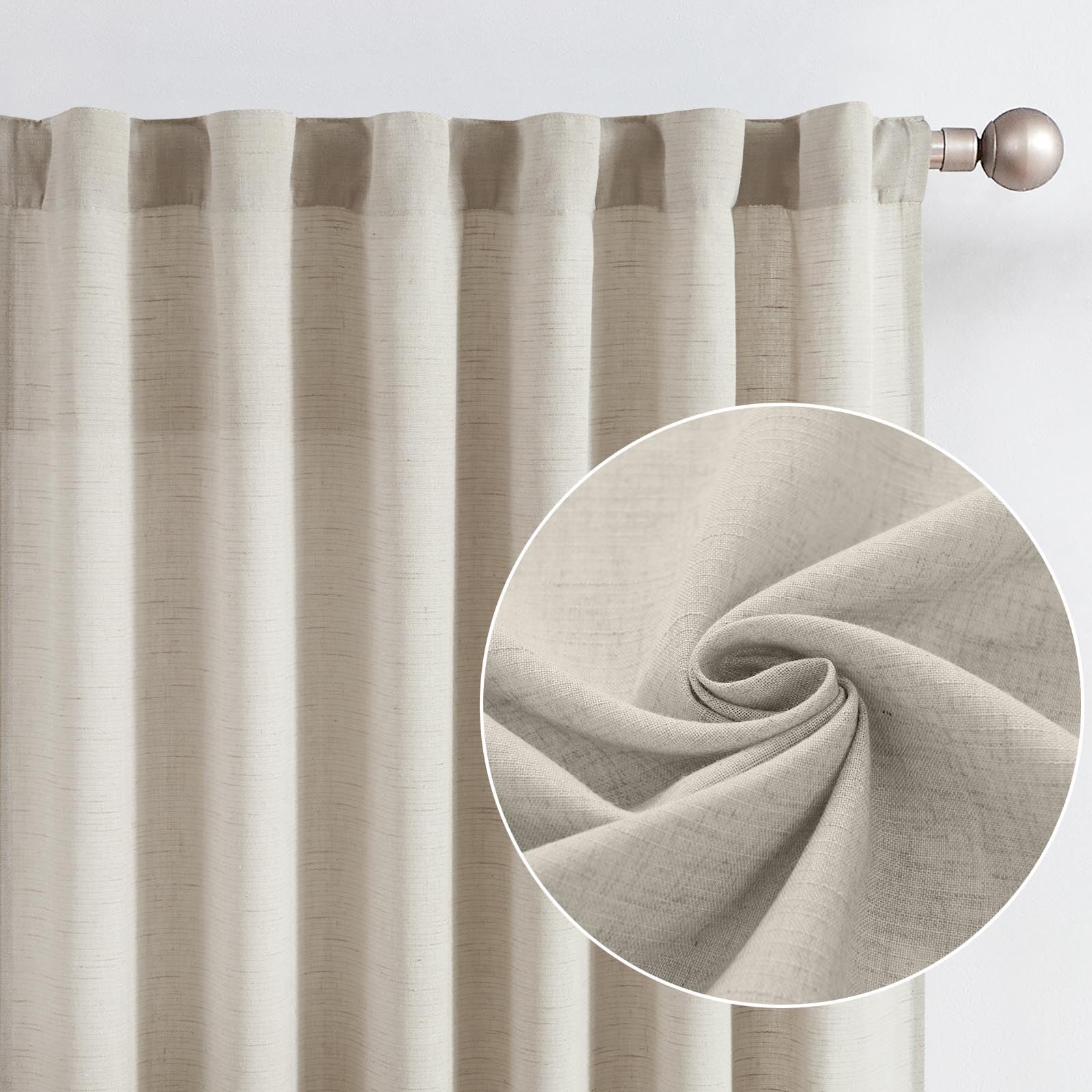 Jinchan Linen Blend Curtains 63 Inches Length For Living Room Oat Farmhouse Rod Pocket Back Tab Light Filtering Window Drapes For Bedroom Curtains 2 Panels