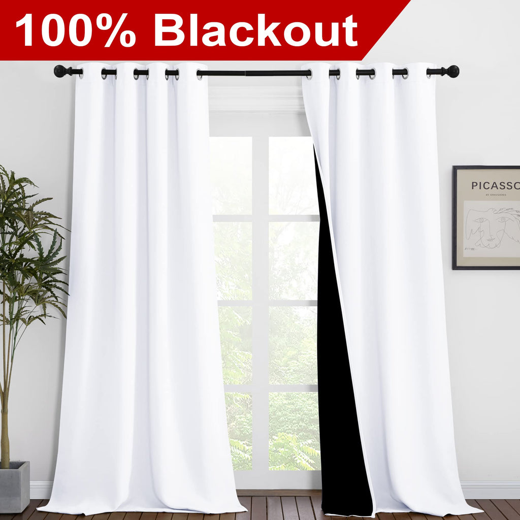 Nicetown White 100% Blackout Curtains For Windows, Pack Of 2, 46' W X 102' L, Super Heavy-Duty Black Lined Total Darkness Drapes For Bedroom, Privacy Assured Window Treatment For Patio