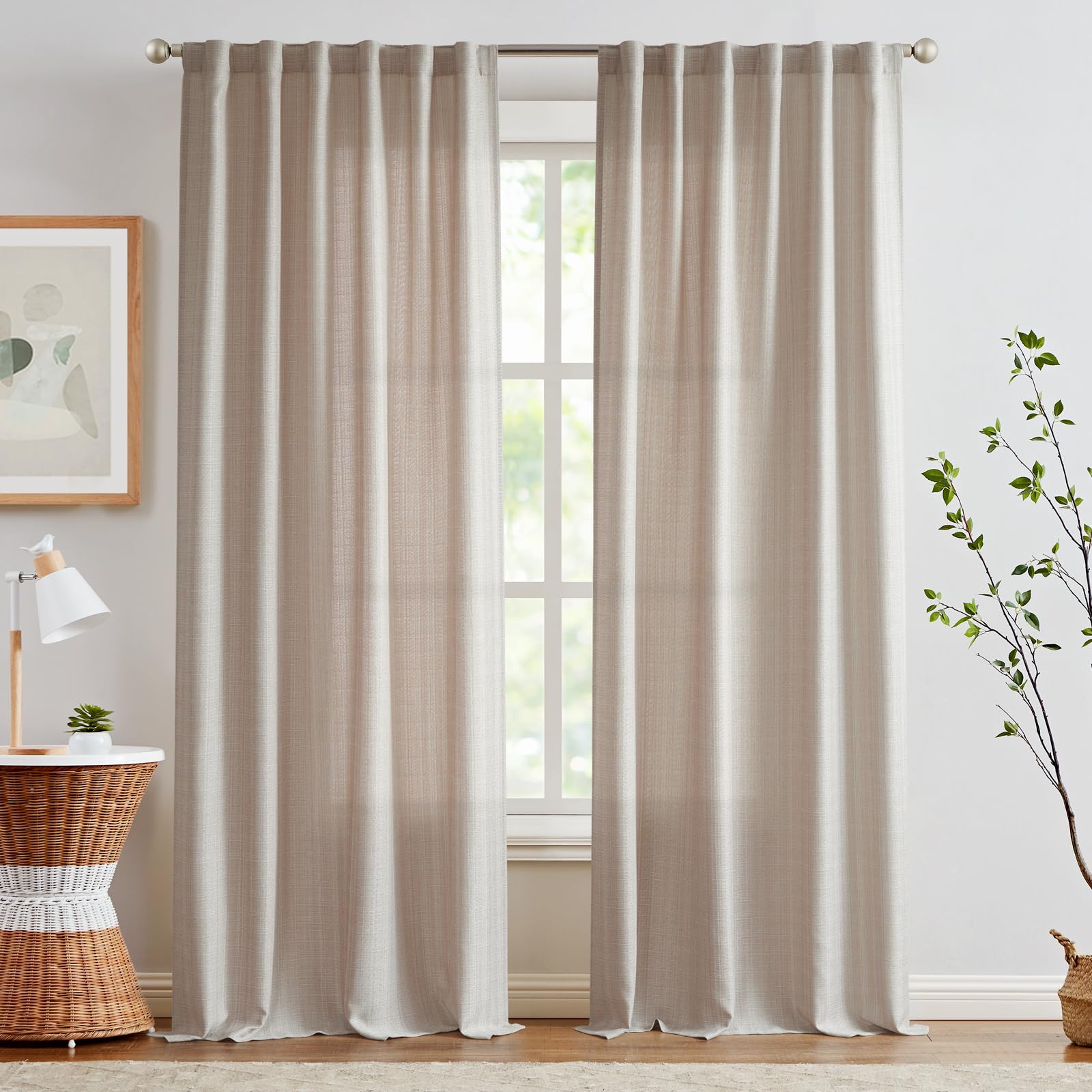 Jinchan Linen Textured Curtains 96 Inch Long For Living Room Bedroom Farmhouse Curtains Casual Weave Back Tab Rod Pocket Drapes