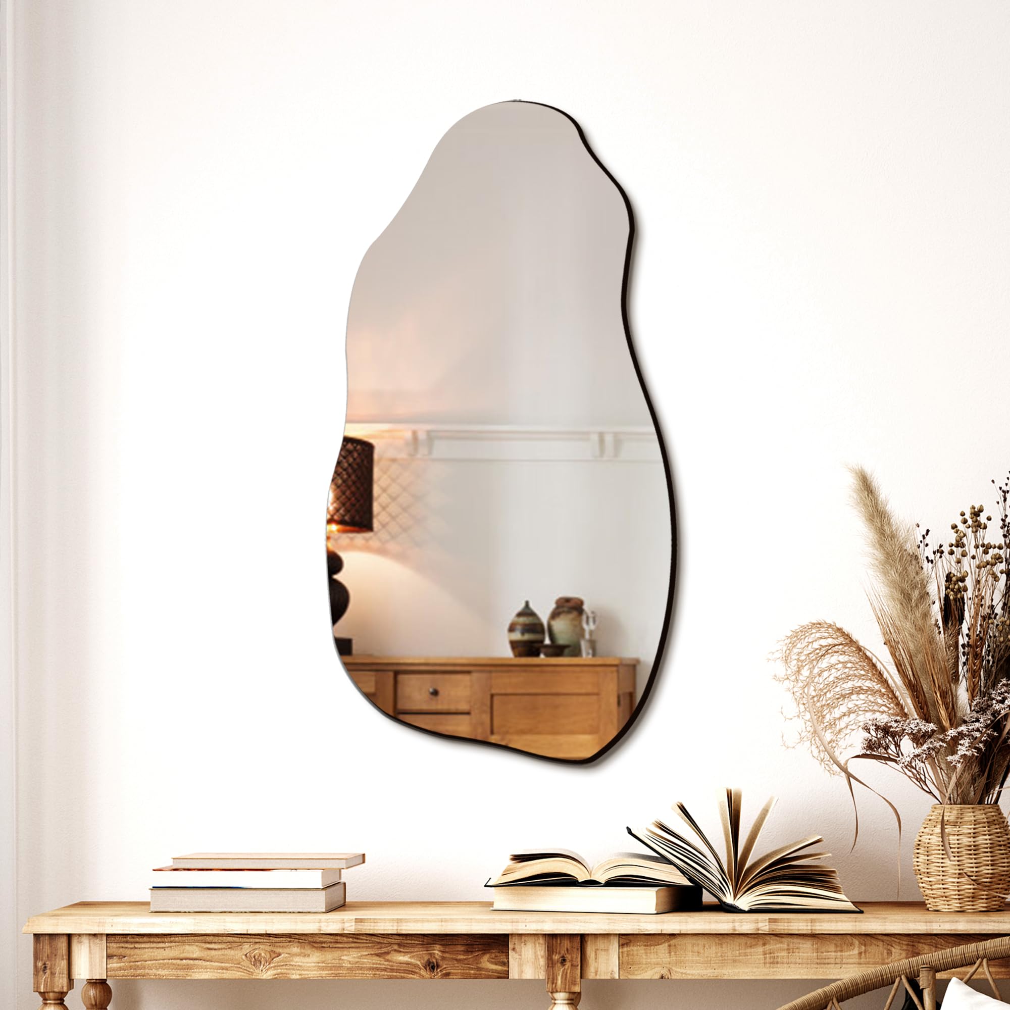 TRAHOME Irregular Asymmetrical Wall Mirror for Living Room Bathroom Entryway, Modern Decorative Mirror Hanging (Hook Style, 31.5