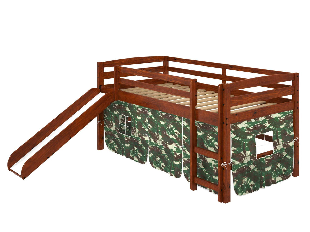 HomeRoots 41' X 81' X 46' Chocolate Solid Pine Camo Tent Loft Bed with Slide and Ladder