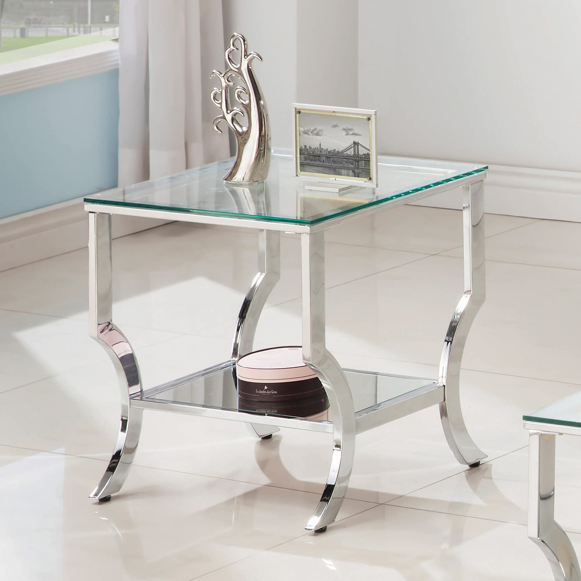 Coaster Square End Table with Mirrored Shelf Chrome / Tempered Glass 720337
