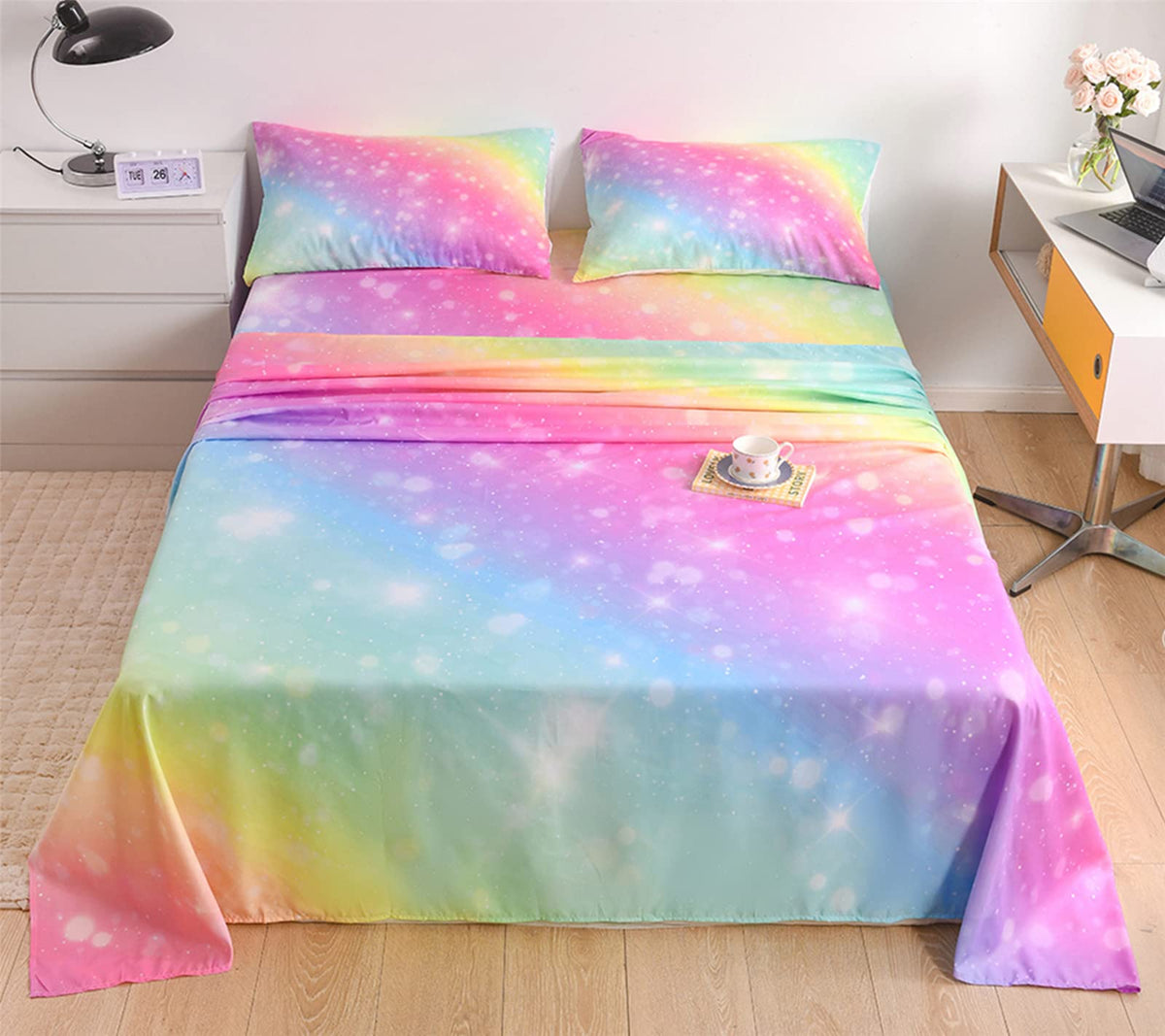 Urlinens Rainbow Sheets Full Size 4 Piece, Tie Dye Pastel Girls Sheet Set For Kids Teens, Glitter Fun Girly Bed Sheets Soft Micr