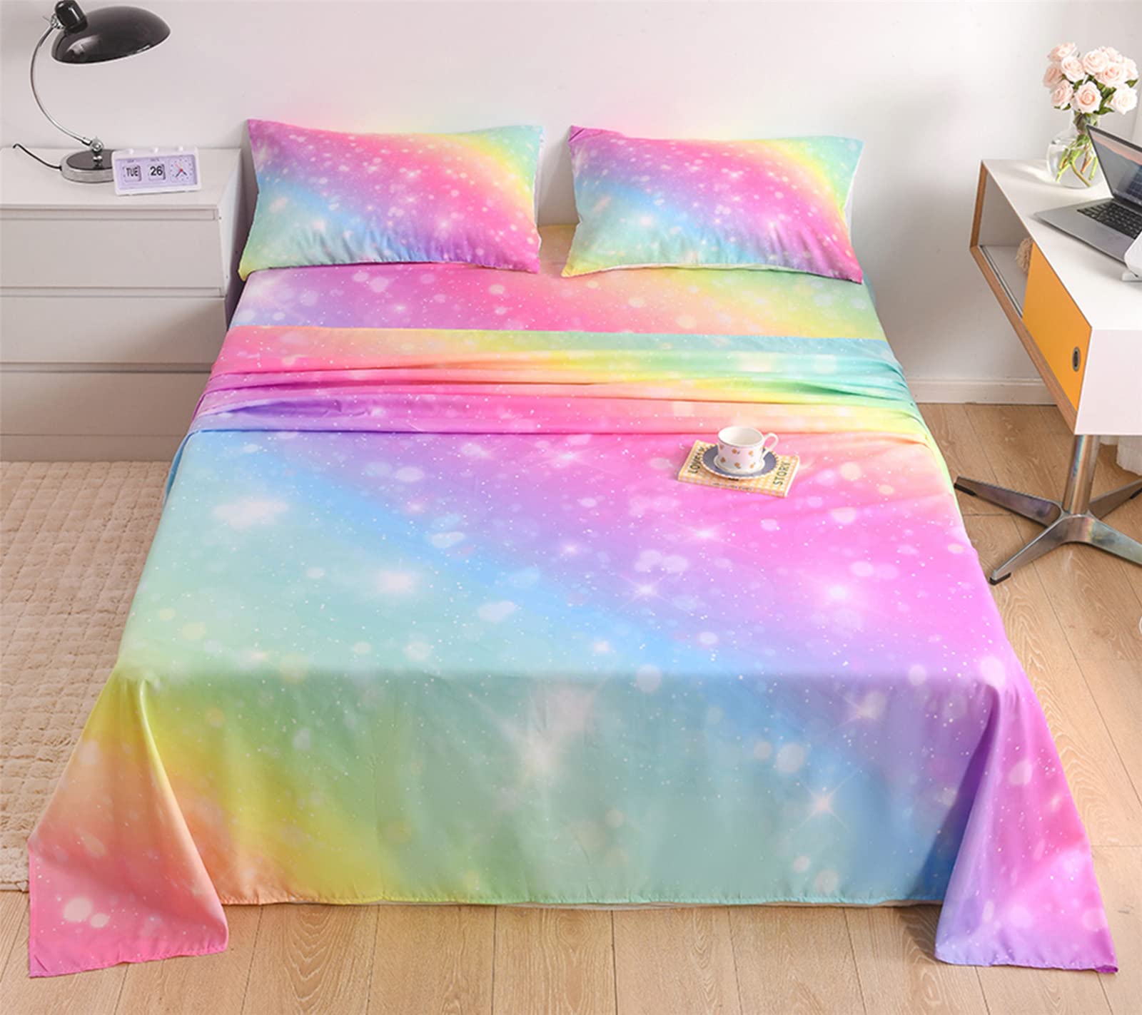 Urlinens Rainbow Sheets Full Size 4 Piece, Tie Dye Pastel Girls Sheet Set For Kids Teens, Glitter Fun Girly Bed Sheets Soft Micr