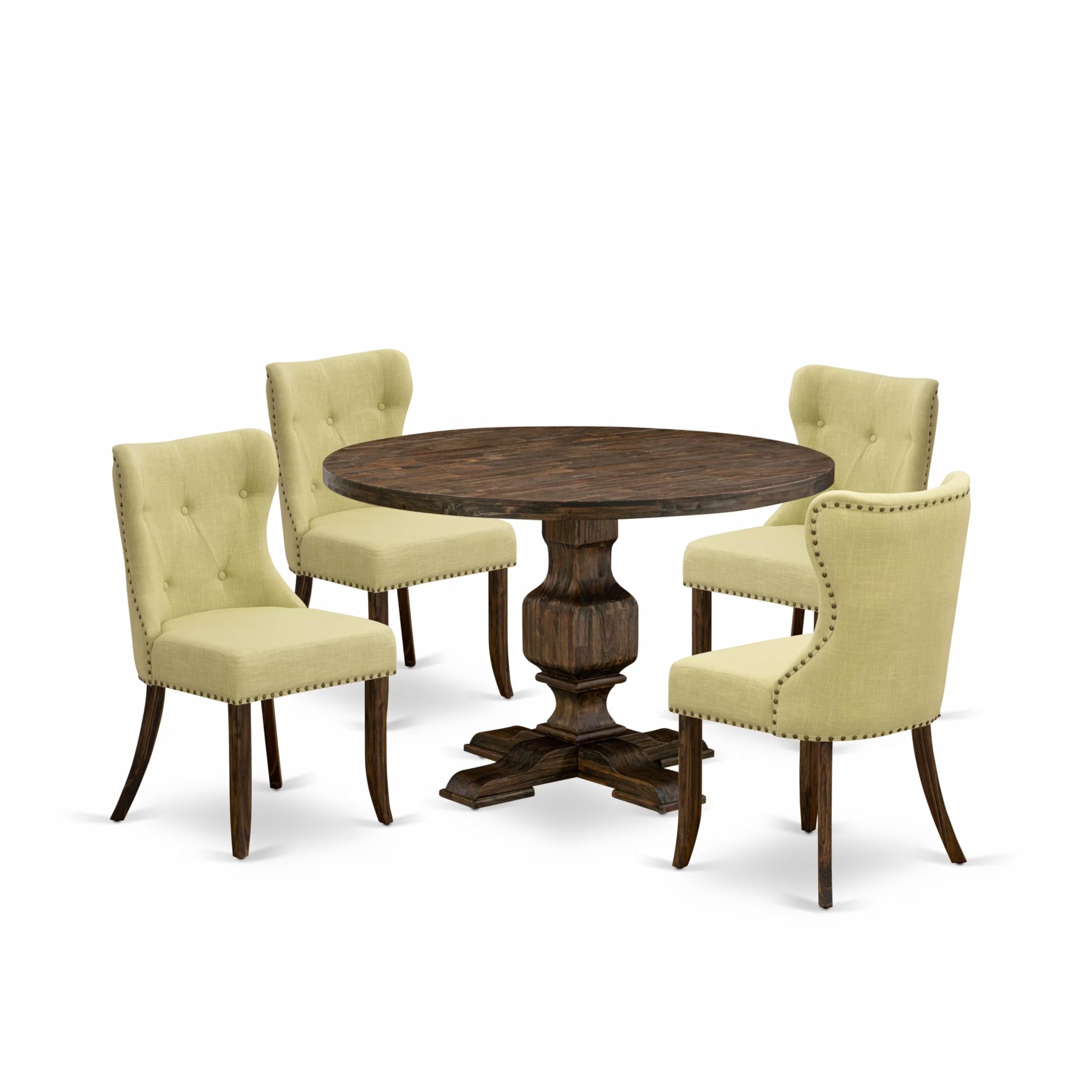 East West Furniture I3SI5-737 5 Piece Dining Set Includes a Round Dining Room Table with Pedestal and 4 Limelight Linen Fabric Upholstered Chairs, 48x48 Inch, Distressed Jacobean