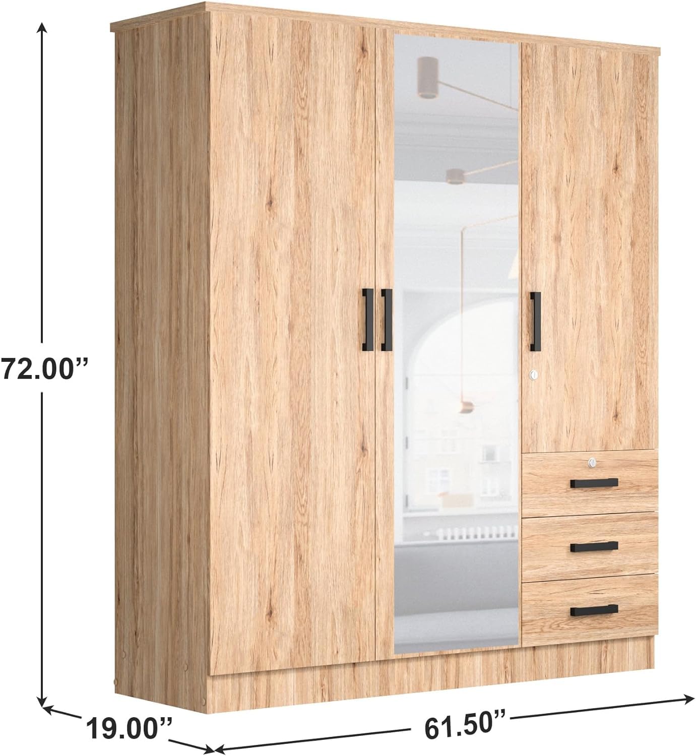 Violet Wardrobe Mirrored Door Closet 3 Doors and 3 Drawers (Natural Oak)
