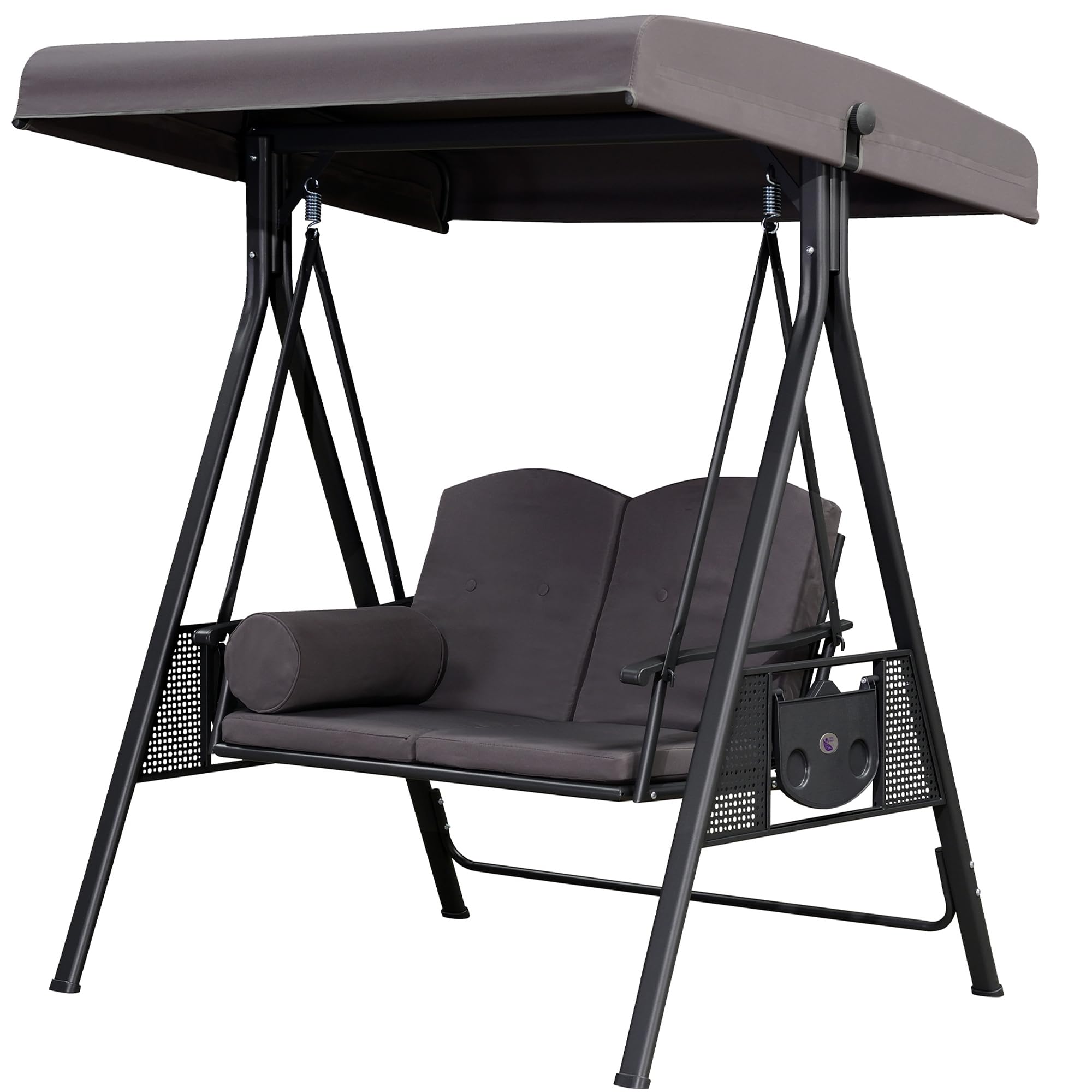 Purple Leaf Outdoor Patio Porch Swing With Stand, 2-Seat Swing Chair With Adjustable Tilt Canopy All-Weather Steel Frame For Backyard Front Porch Lawn, Cushions And Pillow Included, Grey
