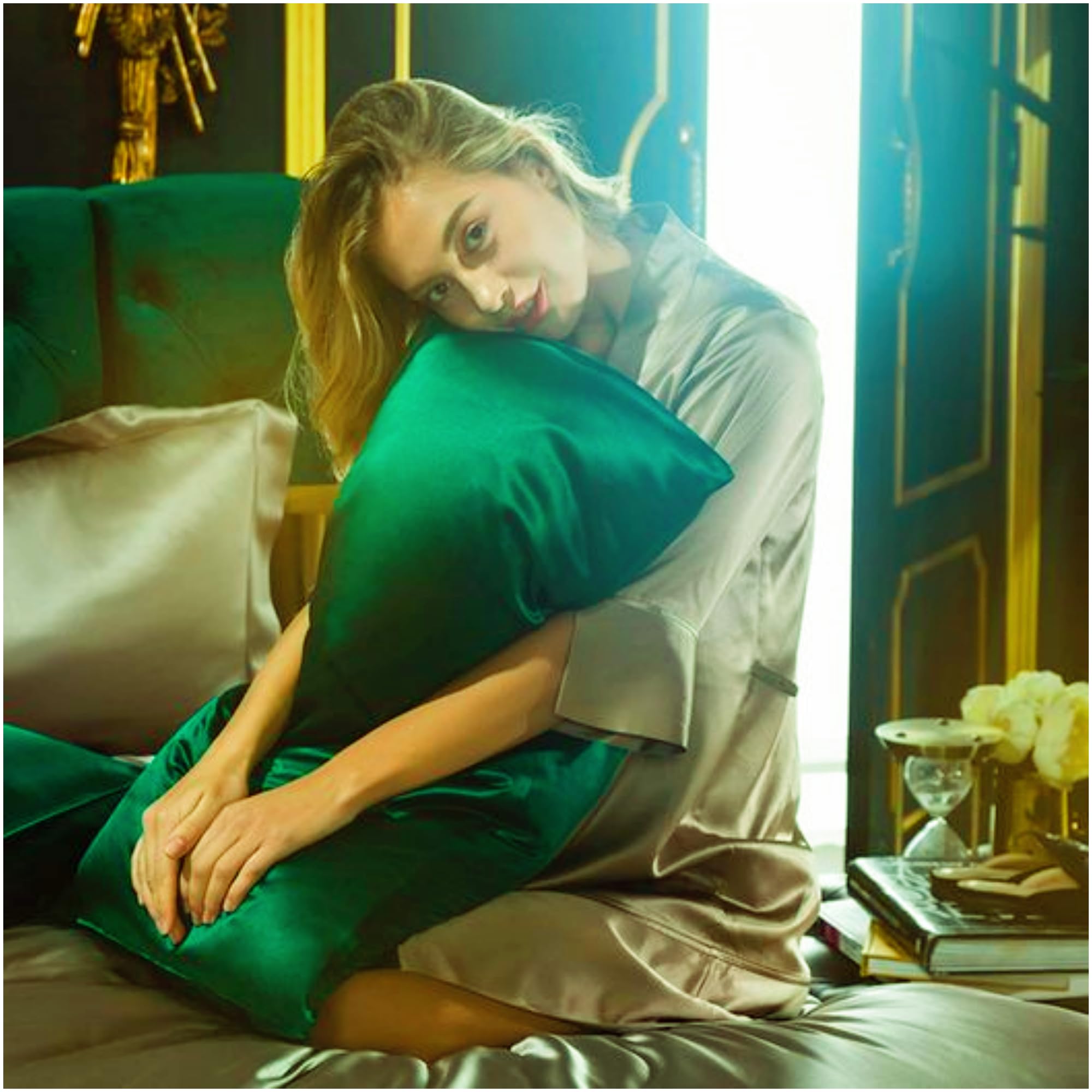 Green Silk Pillowcase For Hair And Skin Made In Usa, 22 Momme Mulberry Silk Pillow Cases Standard Size With Zipper, 6A Grade Org