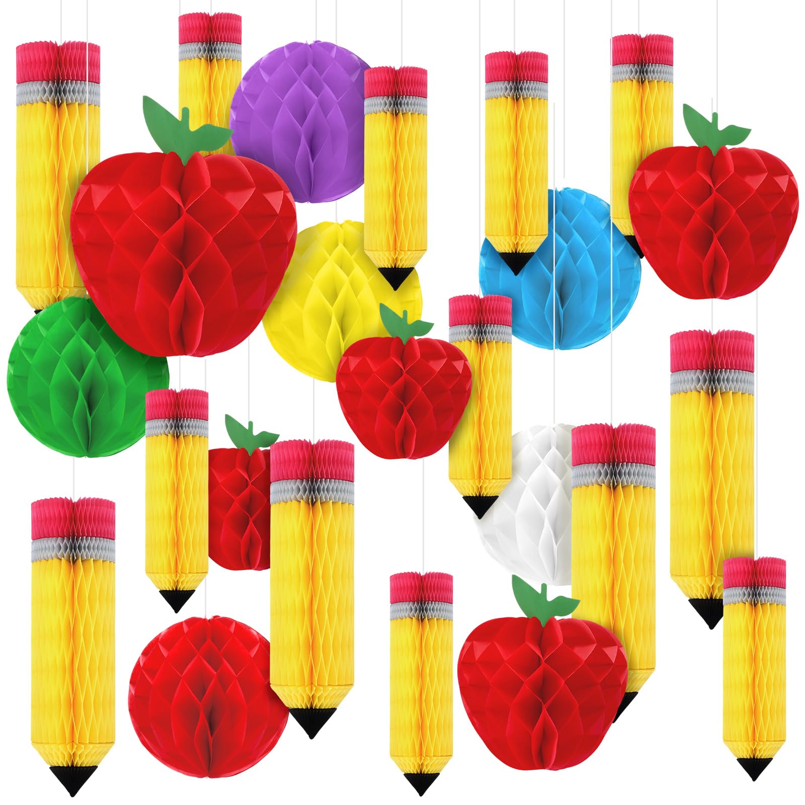 Seenelling 24 Pcs Back to School Decorations Honeycomb Centerpiece Include 12 Pencil Hanging Honeycomb 6 Fruit Shaped Paper Hone