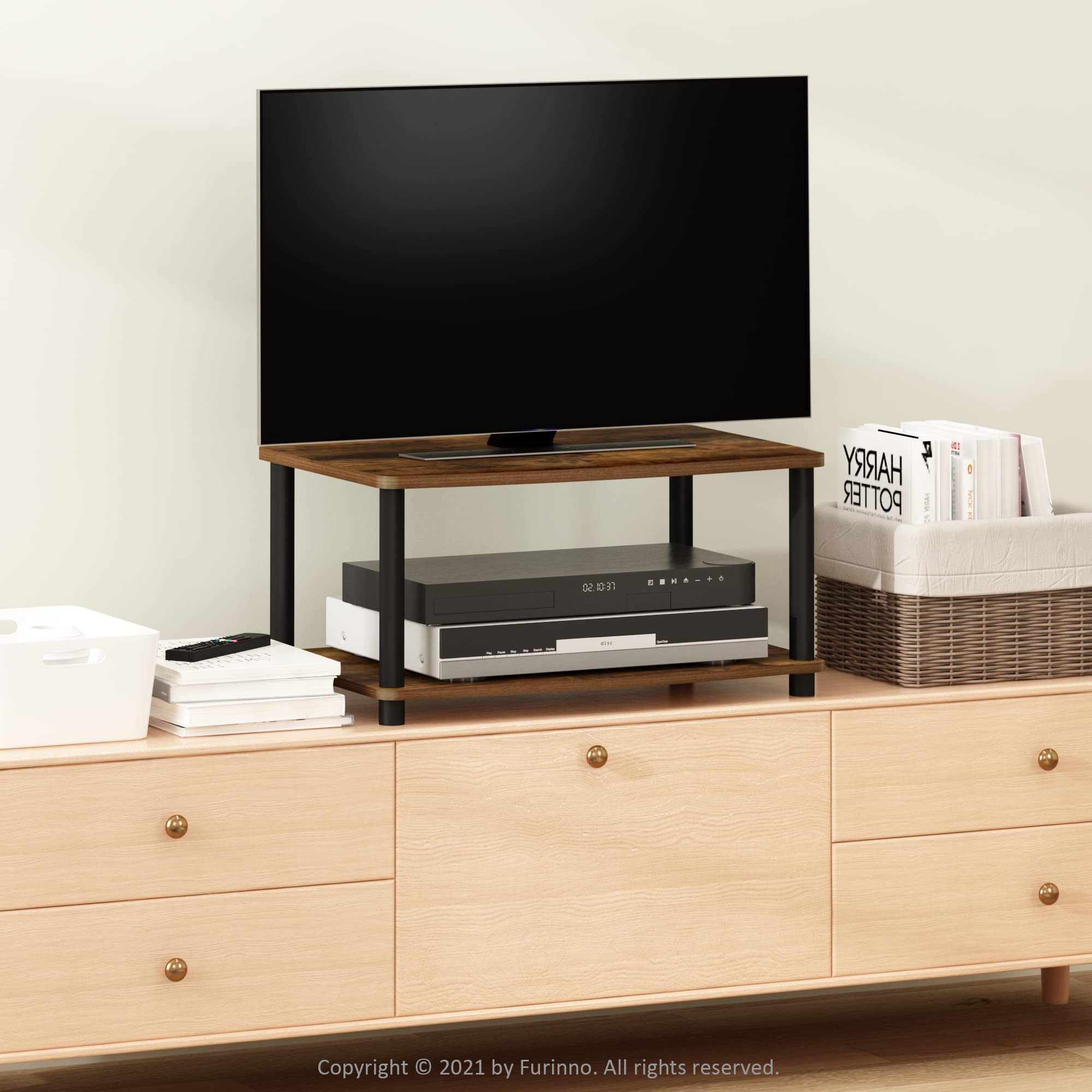Furinno Turn-N-Tube No Tools 2-Tier Elevated TV Stand, Amber Pine/Black