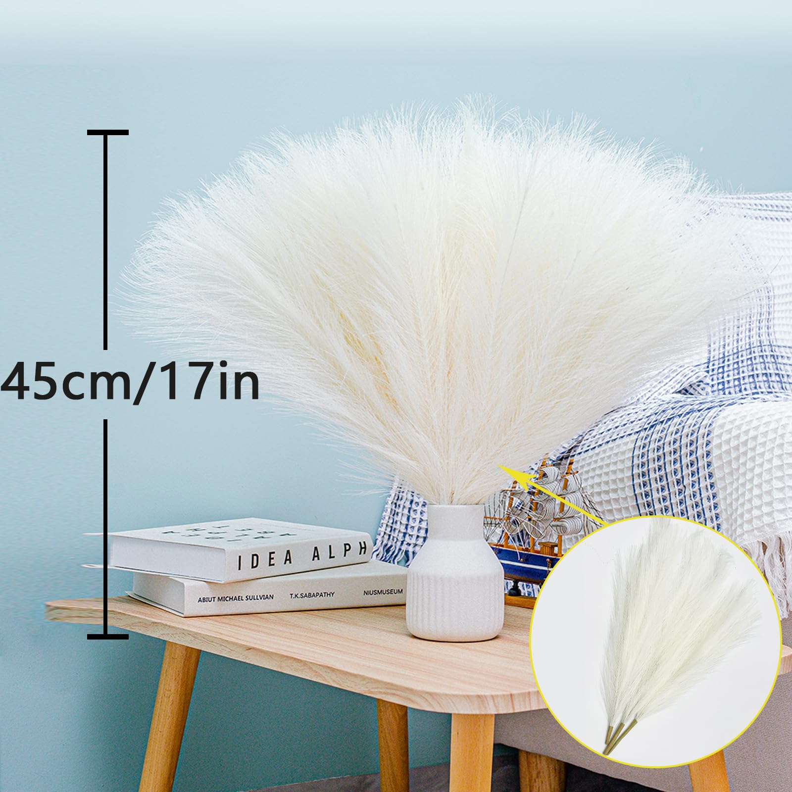 Bnecnet 10 Stems White Pampas Grass Fluffy - 17.7'' Faux Pampas Grass Decor Small Pampas Grass Fluffy Pompas Floral Arrangement