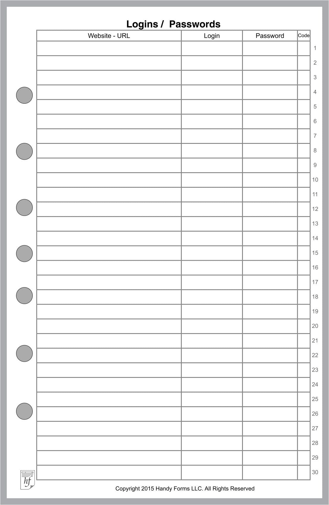 Classic Size Login Password List, Sized And Punched With 7 Holes For 7-Ring Notebooks Such As Franklin, Etc. (5.5' X 8.5')